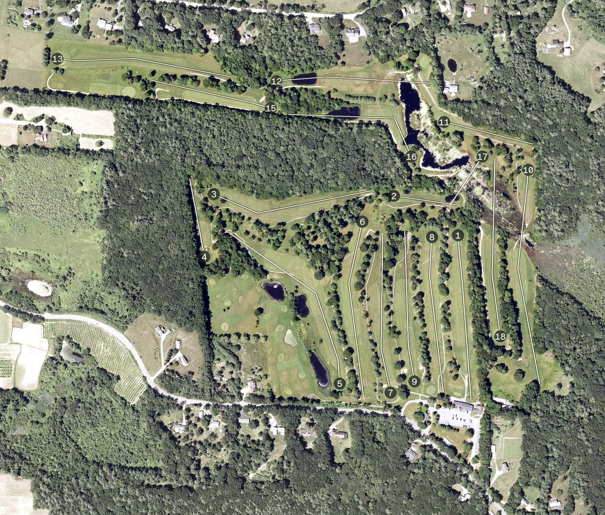 Aerial view of Apple Hill Golf Club, NH, with its hole routing marked