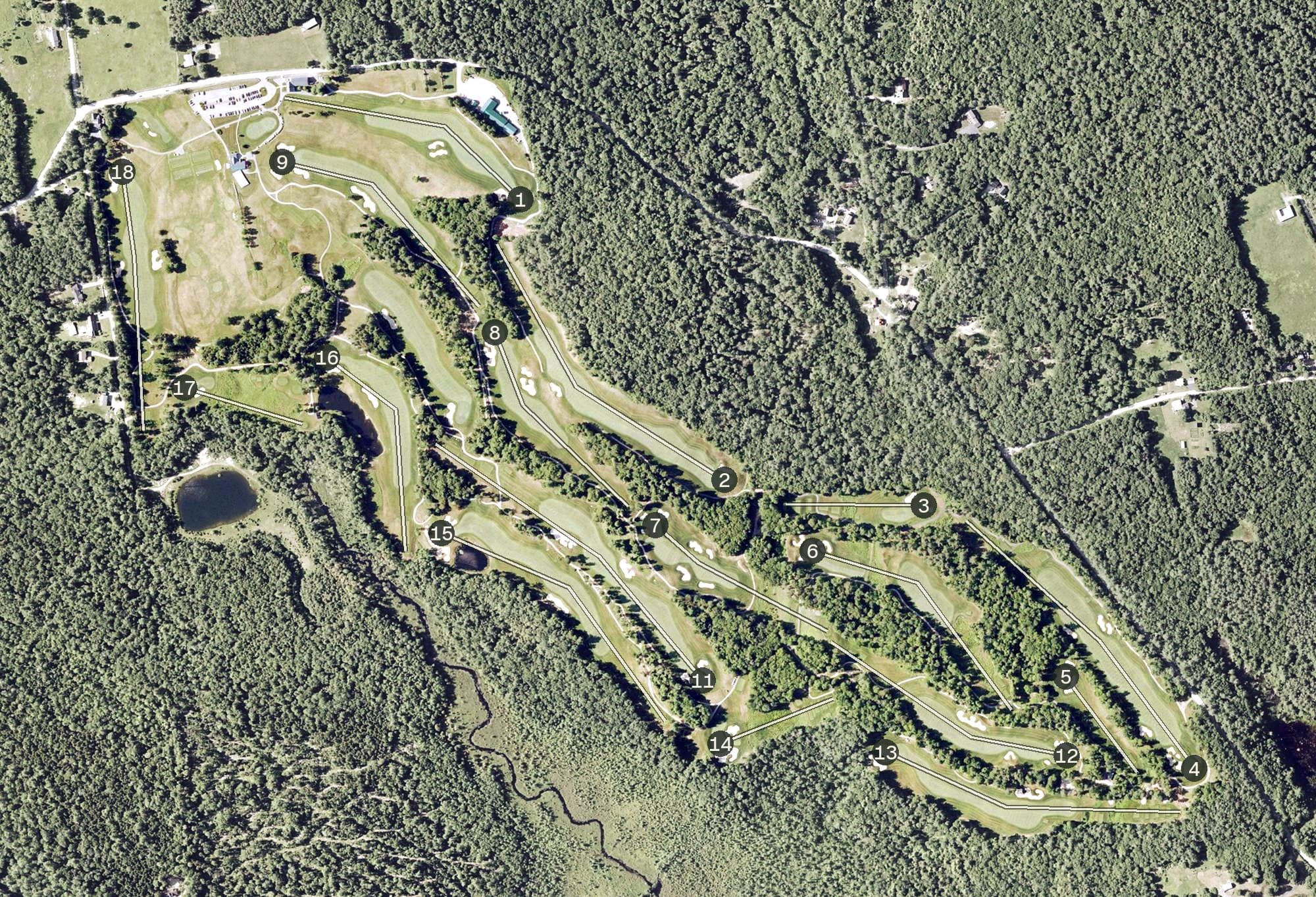 Aerial view of Baker Hill Golf Club, NH, with its hole routing marked