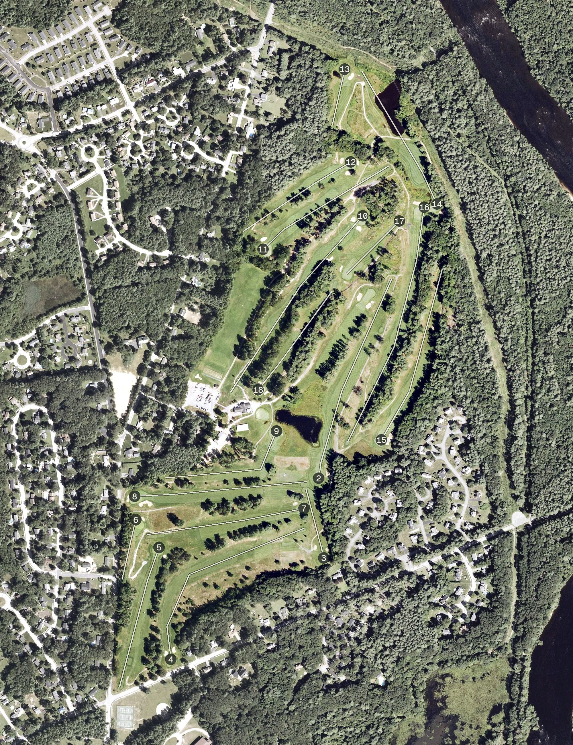 Aerial view of Beaver Meadow Golf Course, NH, with its hole routing marked