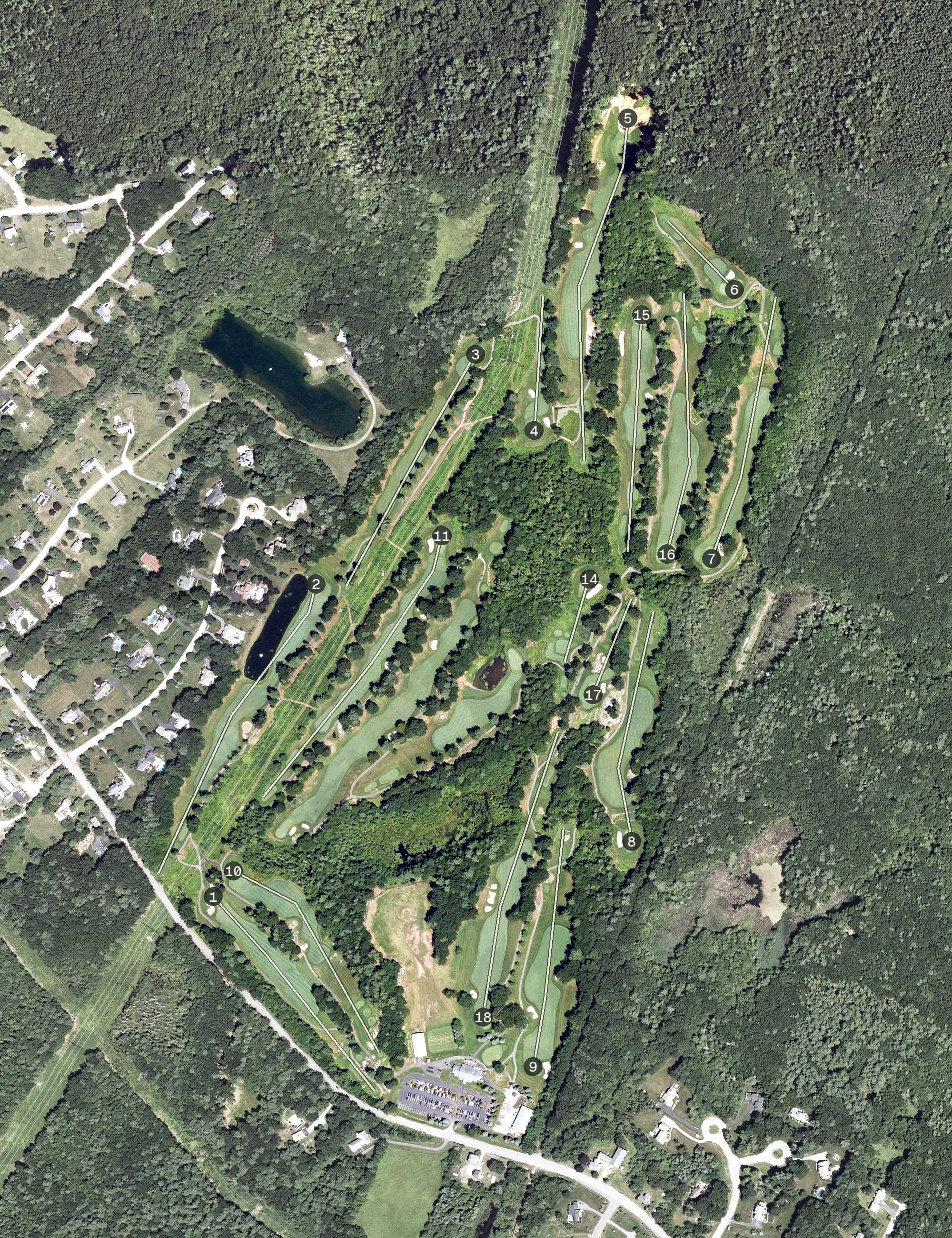 Aerial view of Breakfast Hill Golf Club, NH, with its hole routing marked
