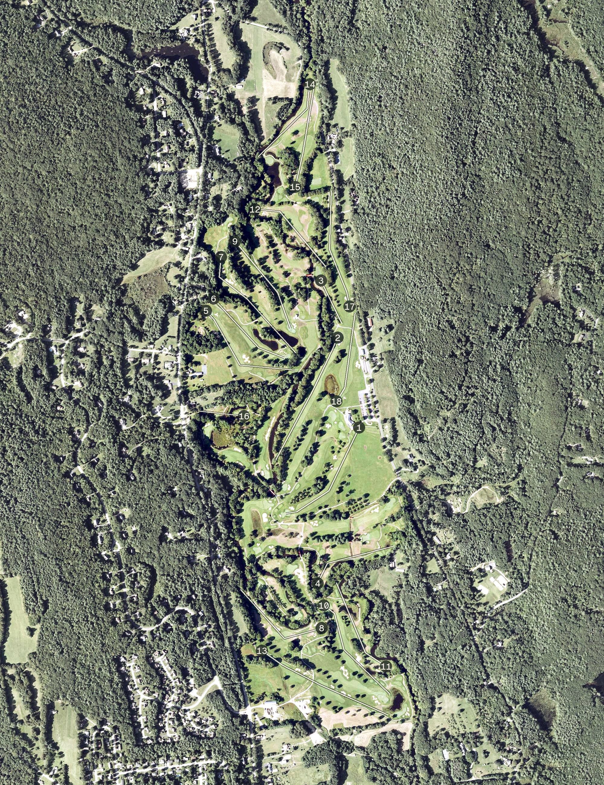 Aerial view of Bretwood Golf Course, NH, with its hole routing marked
