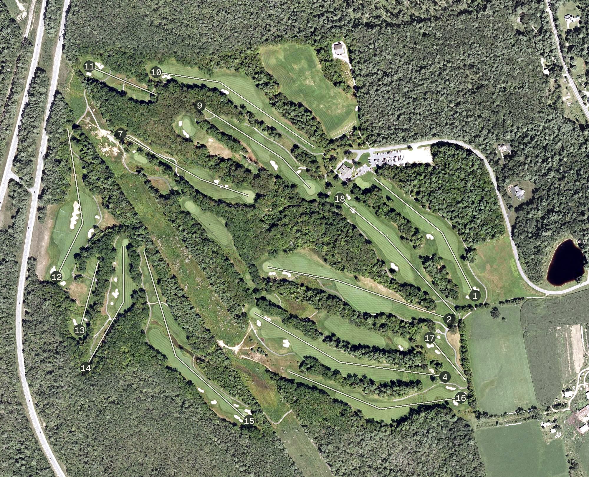 Aerial view of Canterbury Woods Country Club, NH, with its hole routing marked
