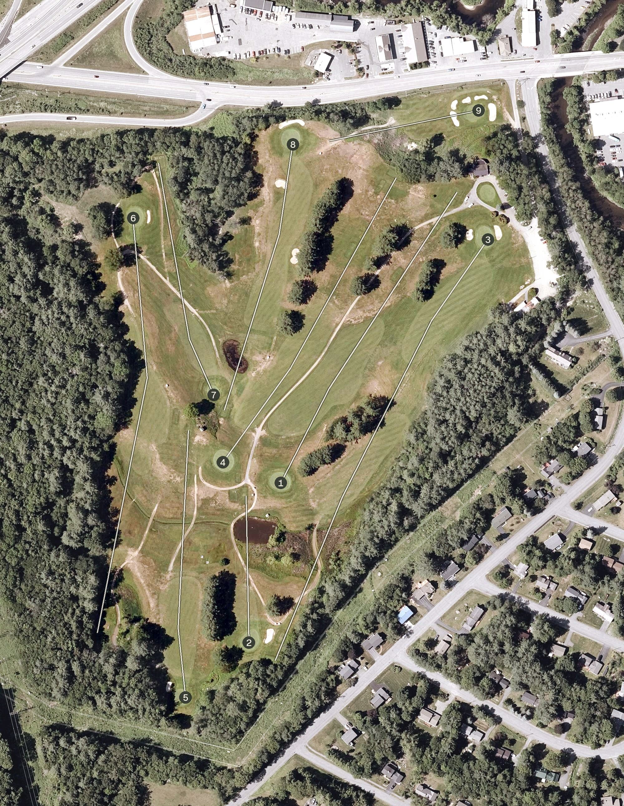 Aerial view of Carter Country Club, NH, with its hole routing marked