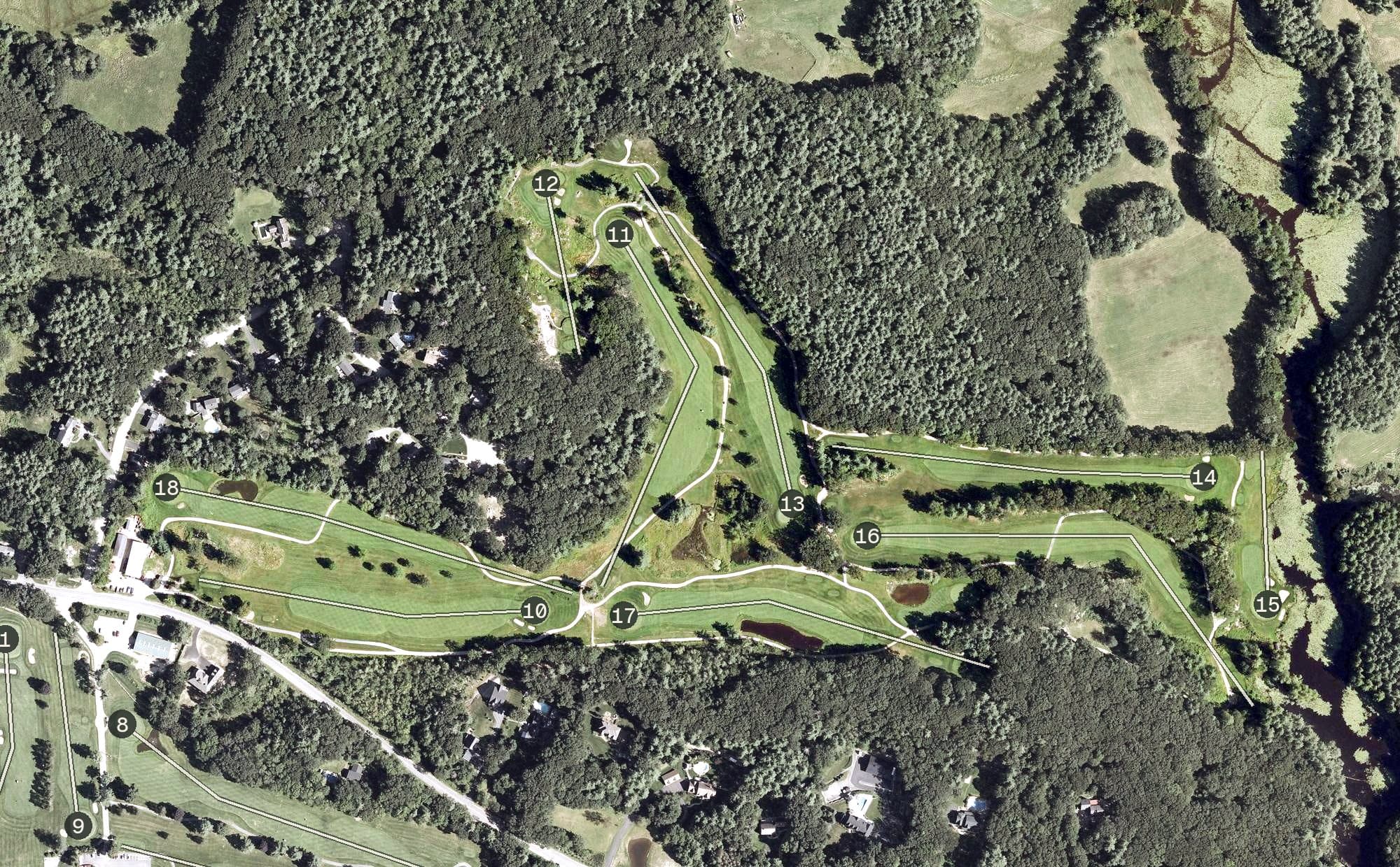 Aerial view of Cochecho Country Club, NH, with its hole routing marked