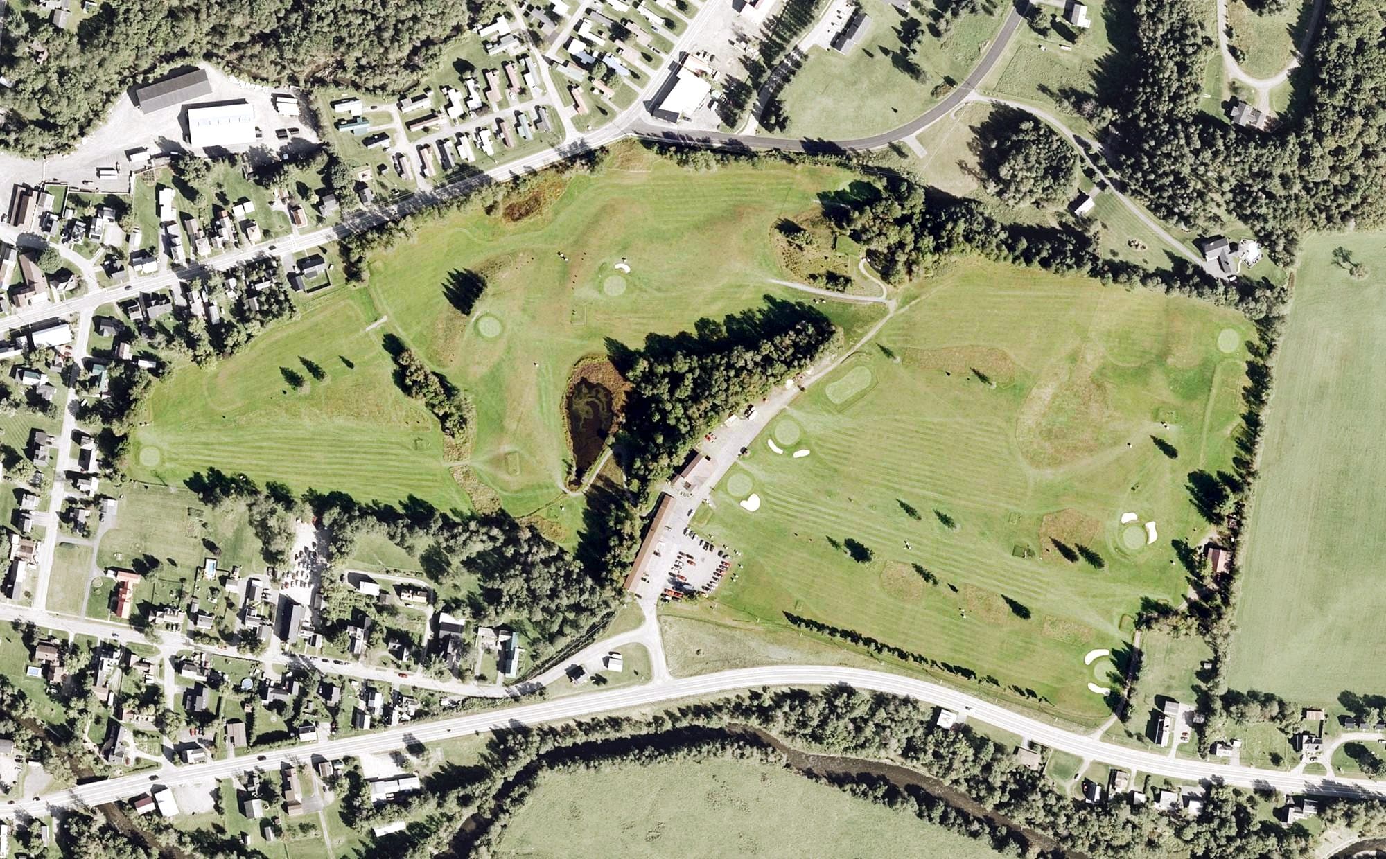 Aerial view of Colebrook Country Club, NH, with its hole routing marked
