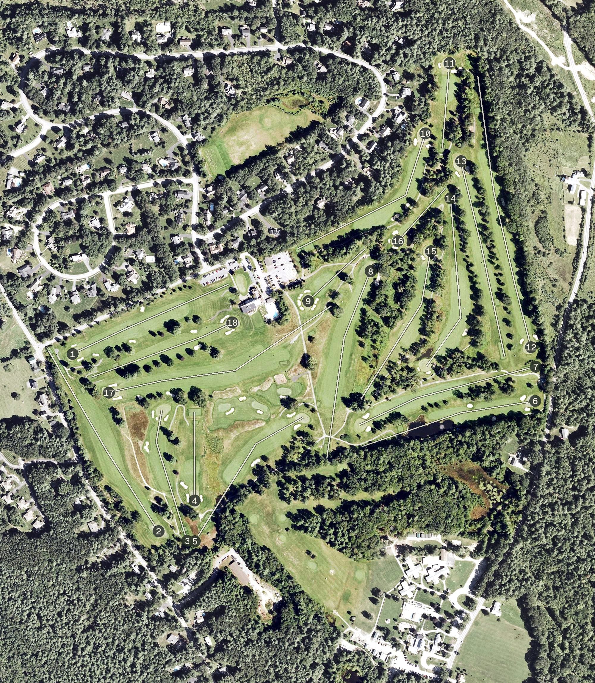 Aerial view of Concord Country Club, NH, with its hole routing marked