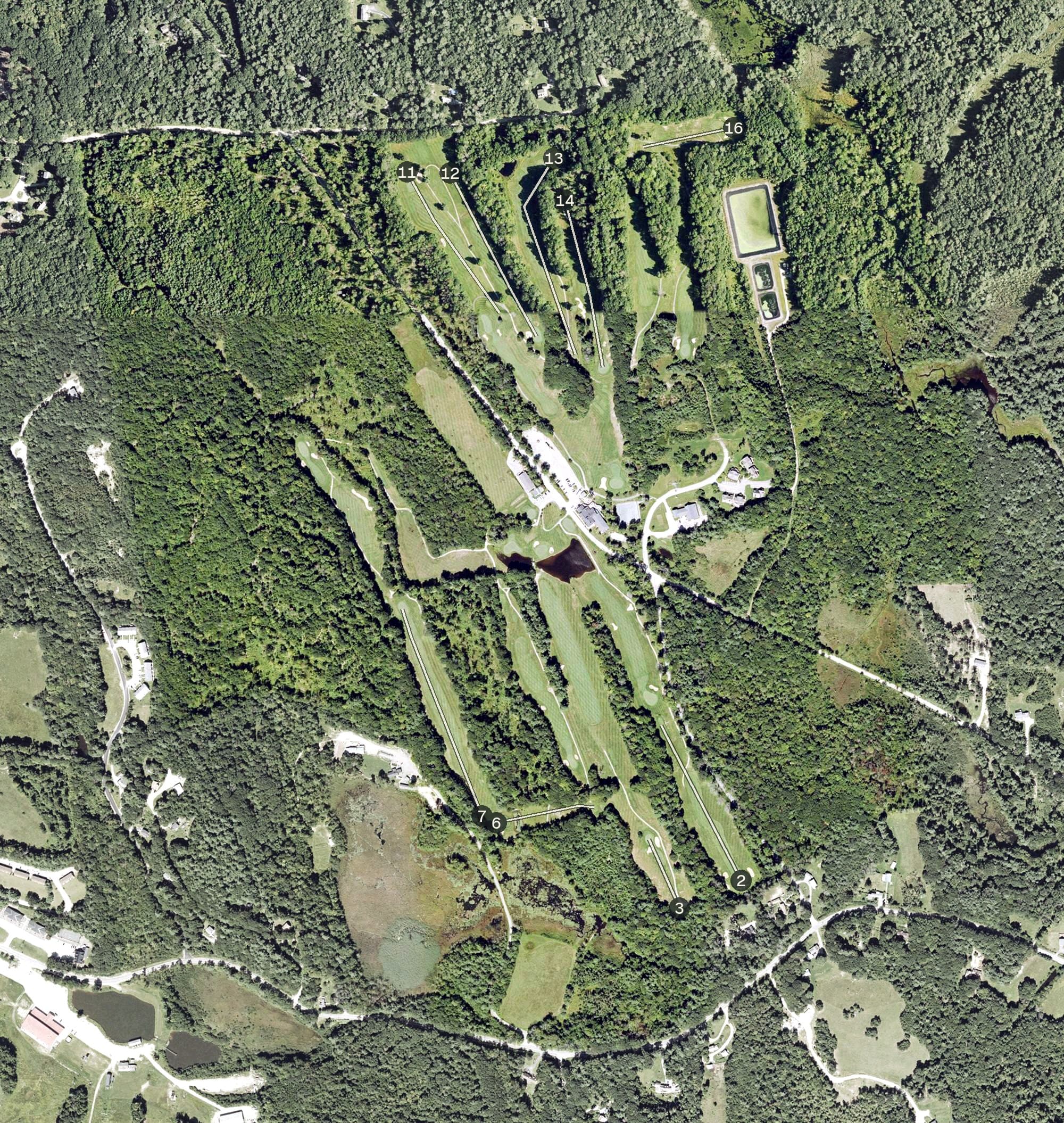 Aerial view of Crotched Mountain Golf Club, NH, with its hole routing marked
