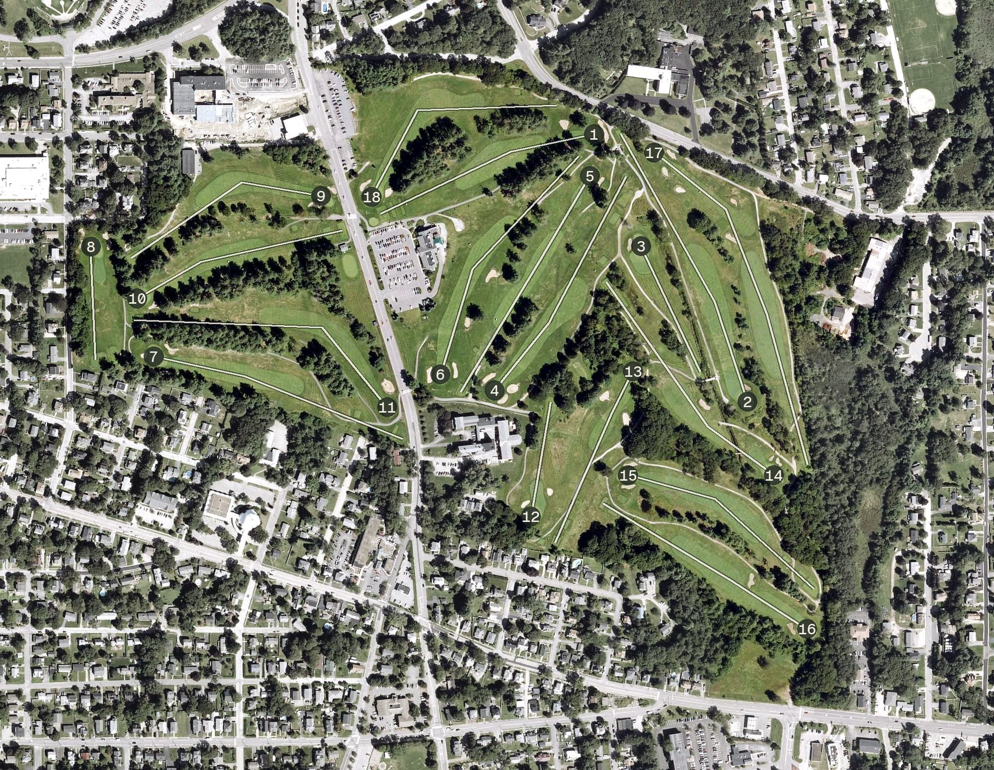 Aerial view of Derryfield Country Club, NH, with its hole routing marked