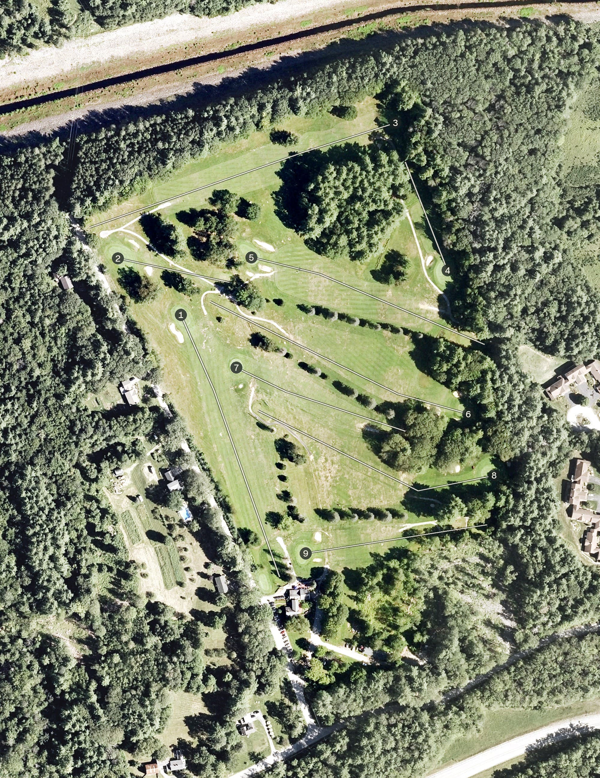 Aerial view of Duston Country Club, NH, with its hole routing marked