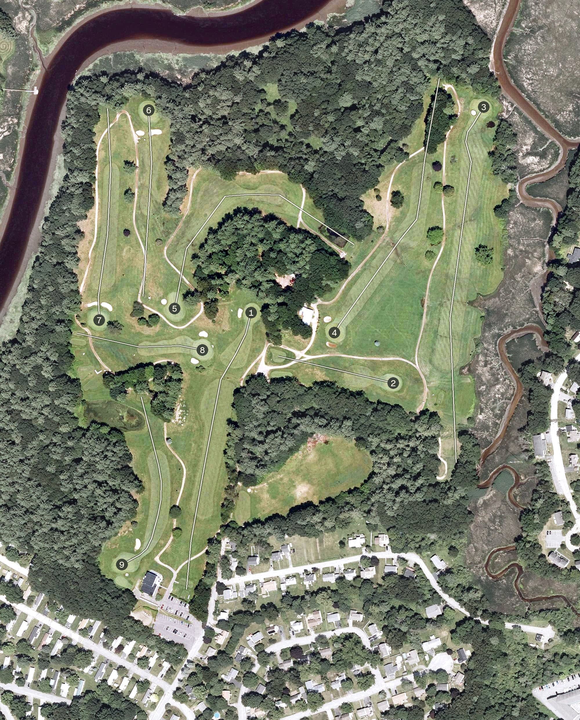 Aerial view of Exeter Country Club, NH, with its hole routing marked