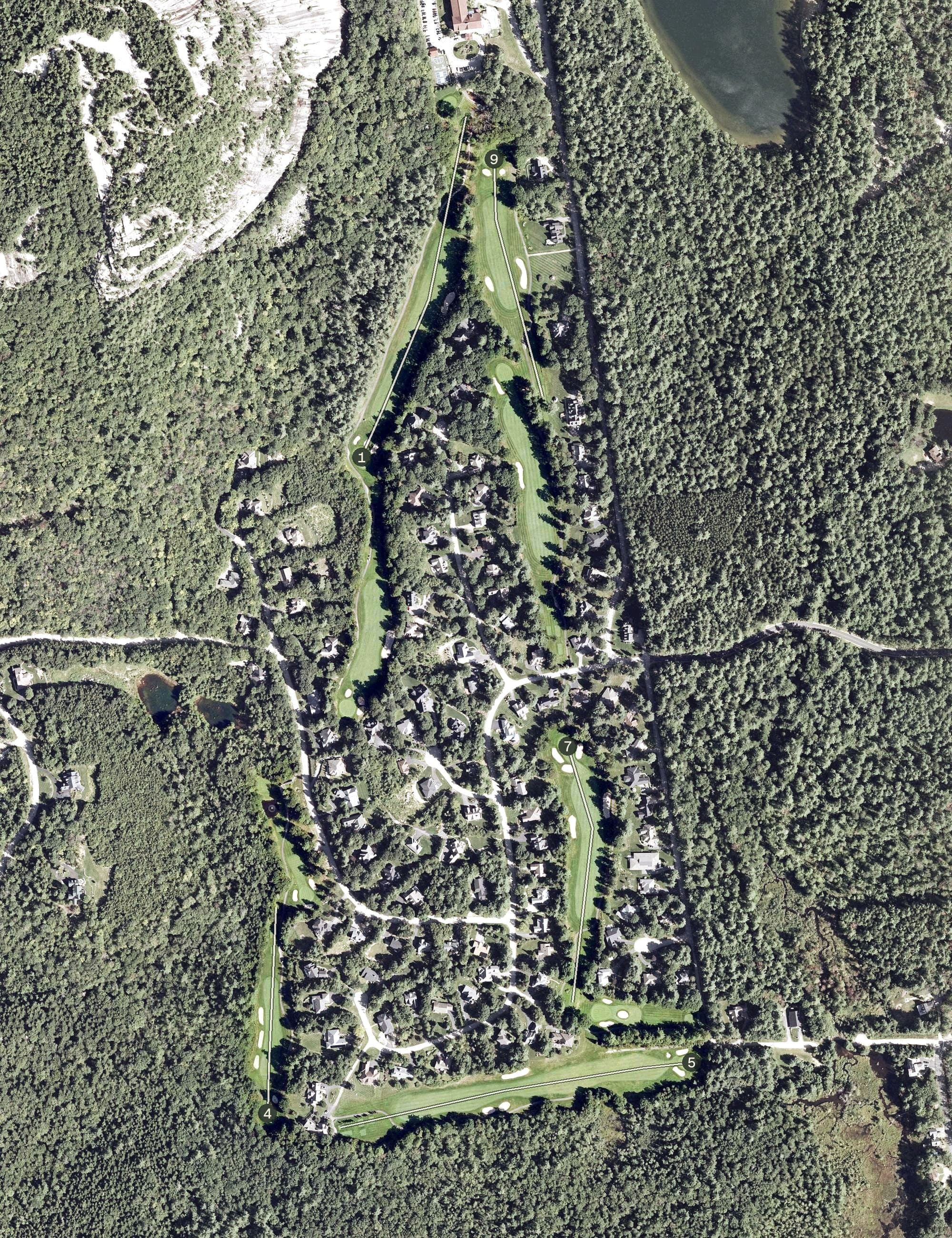 Aerial view of Hale’s Location Golf Course, NH, with its hole routing marked