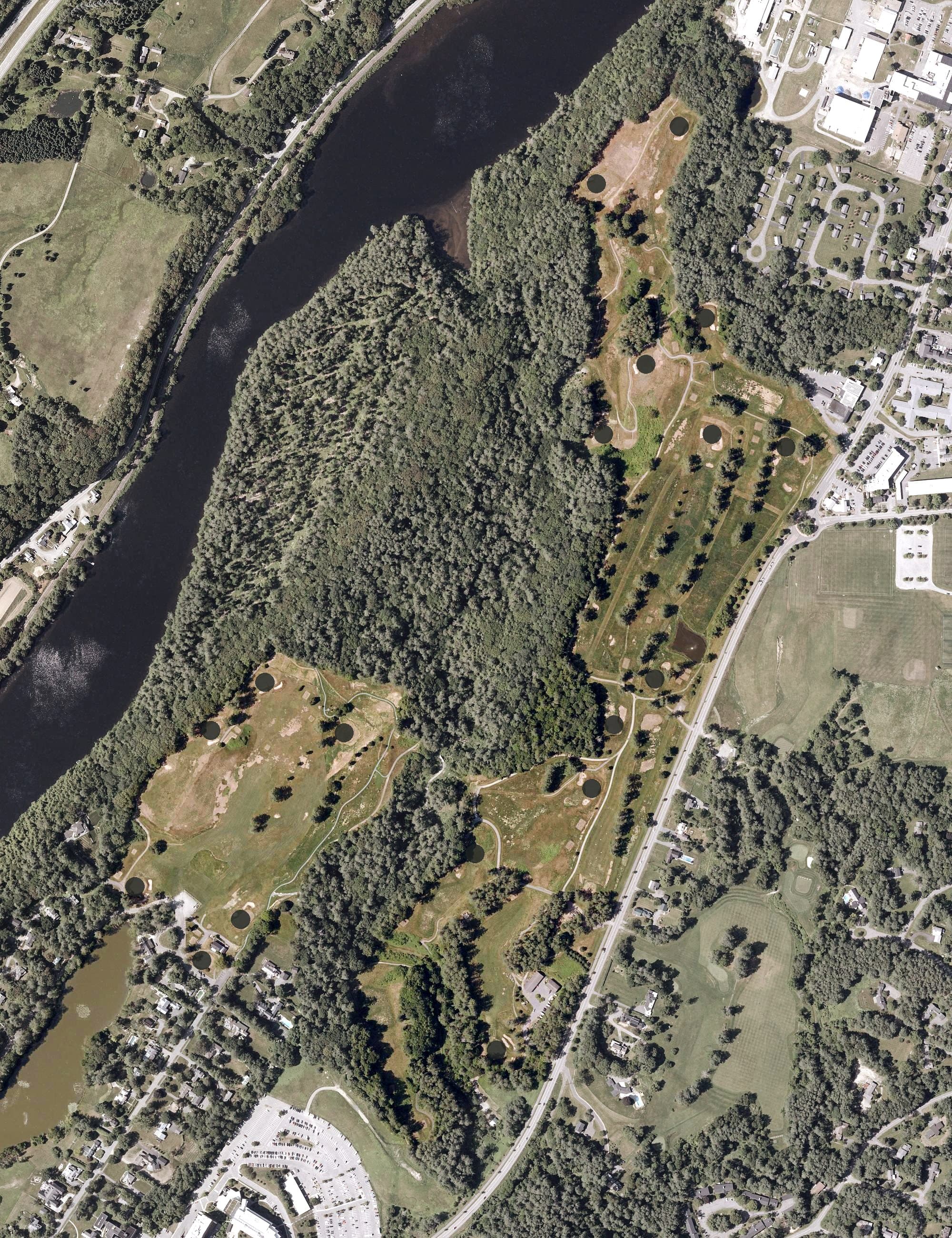 Aerial view of Hanover Country Club, NH, with its hole routing marked