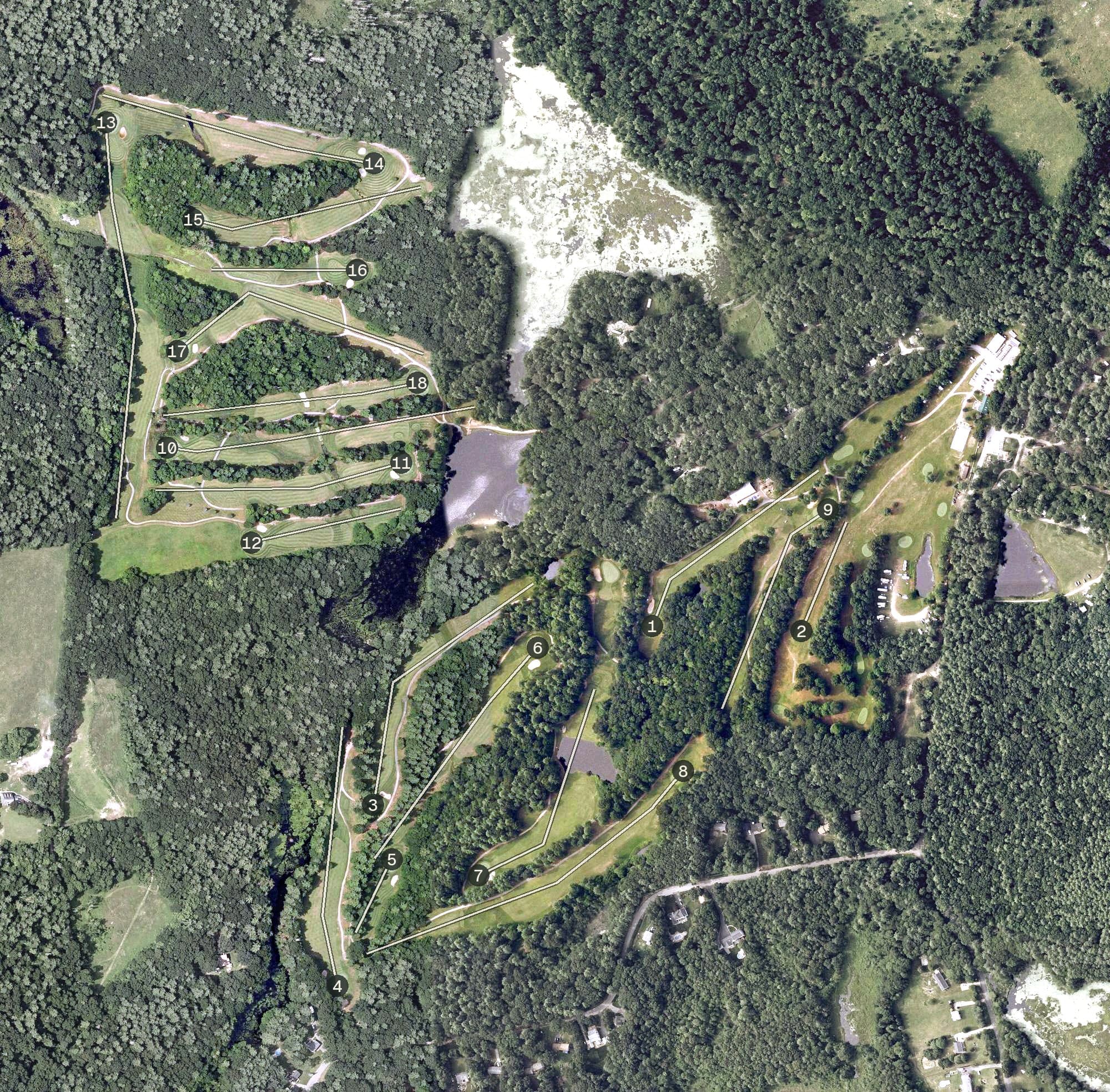 Aerial view of Hidden Valley Championship Course, NH, with its hole routing marked