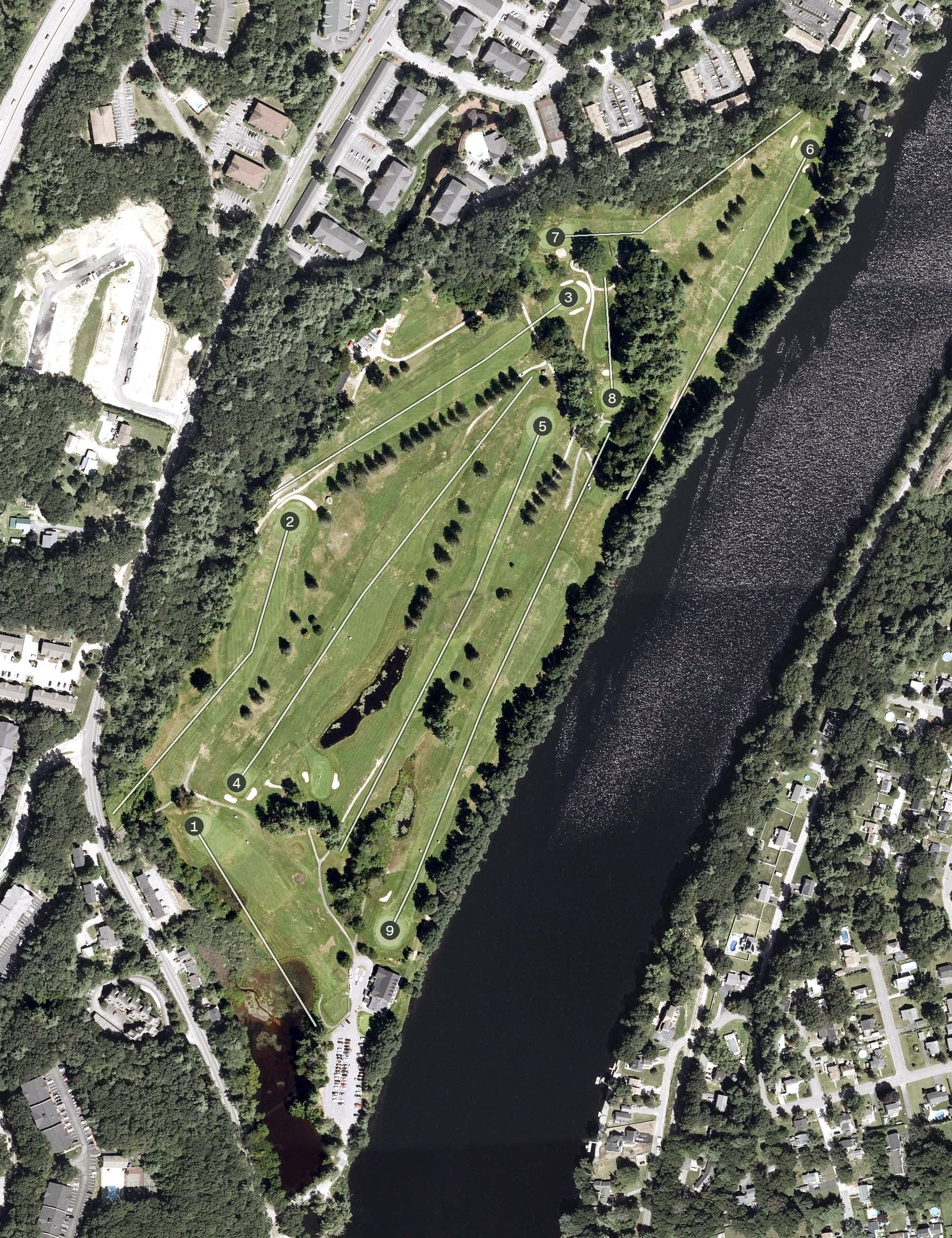 Aerial view of Intervale Country Club, NH, with its hole routing marked