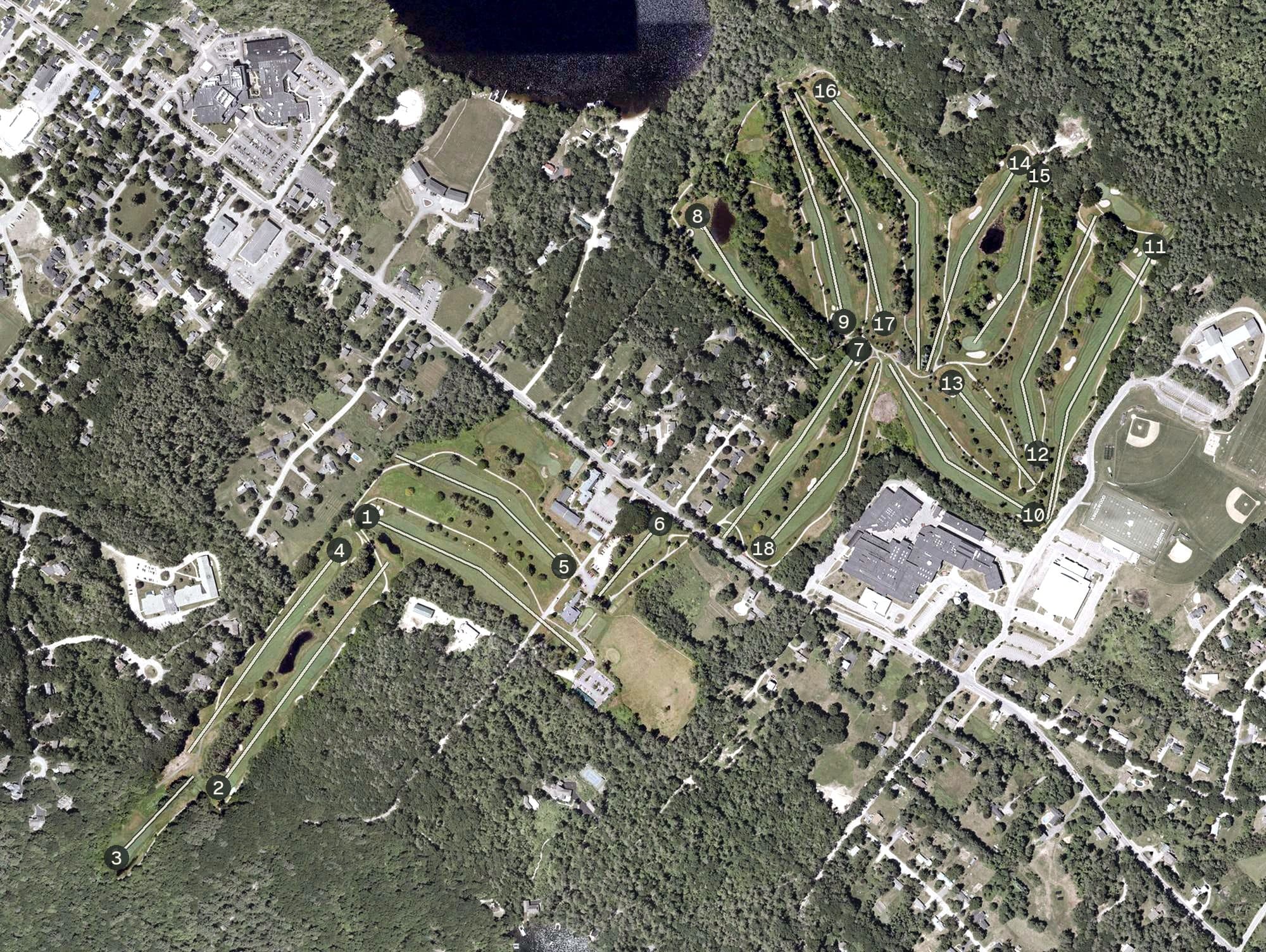 Aerial view of Kingswood Golf Club, NH, with its hole routing marked