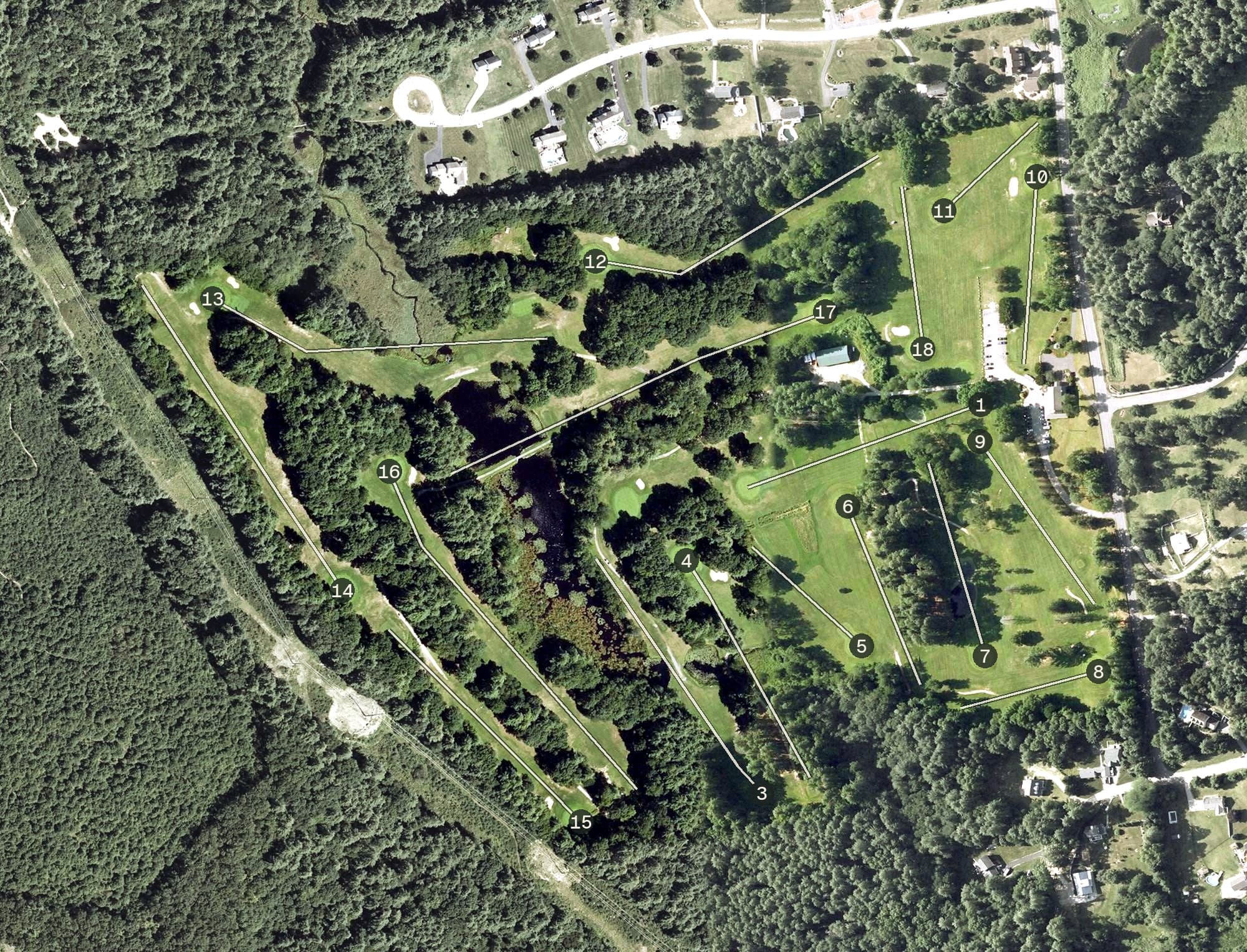 Aerial view of Londonderry Country Club, NH, with its hole routing marked