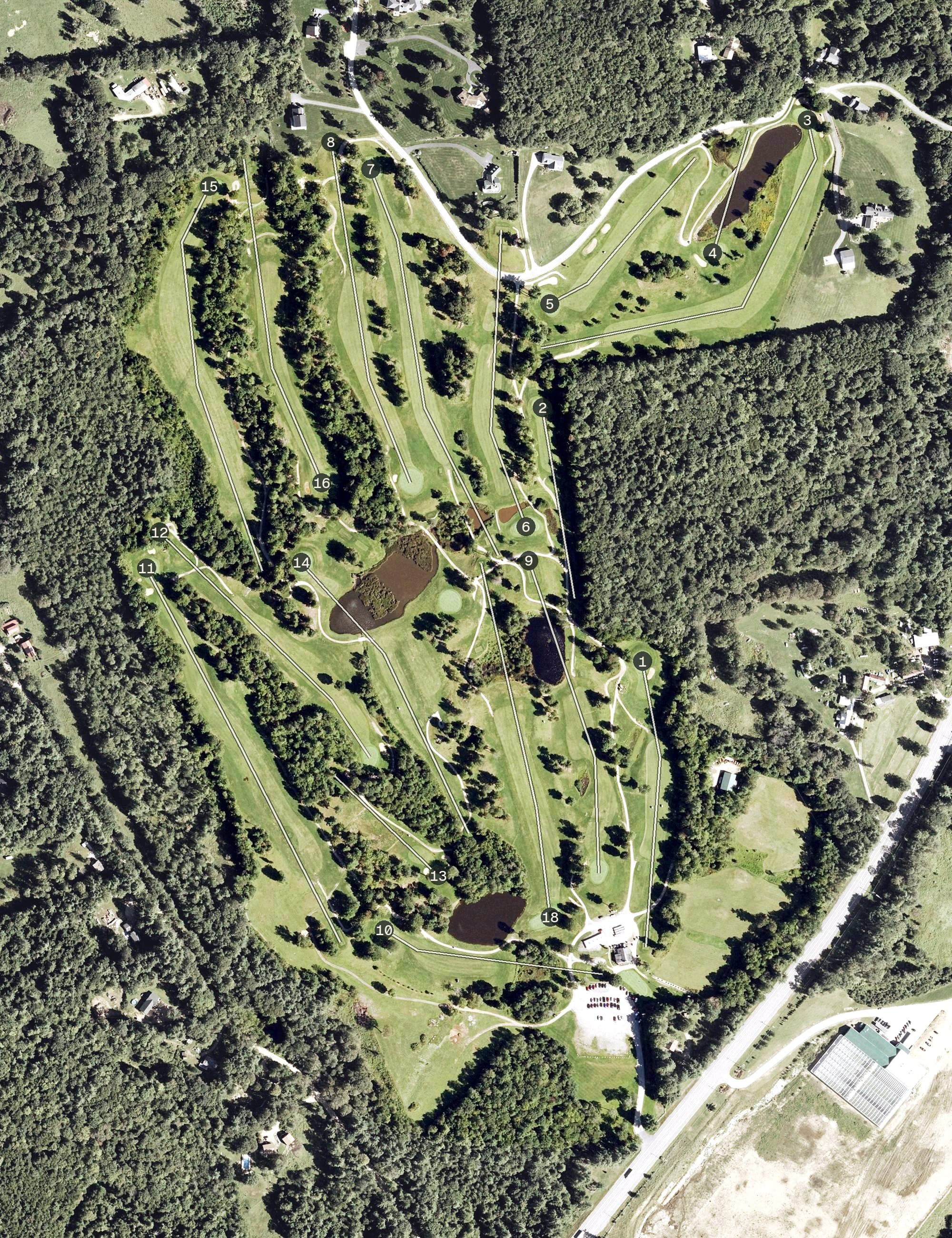 Aerial view of Loudon Country Club, NH, with its hole routing marked