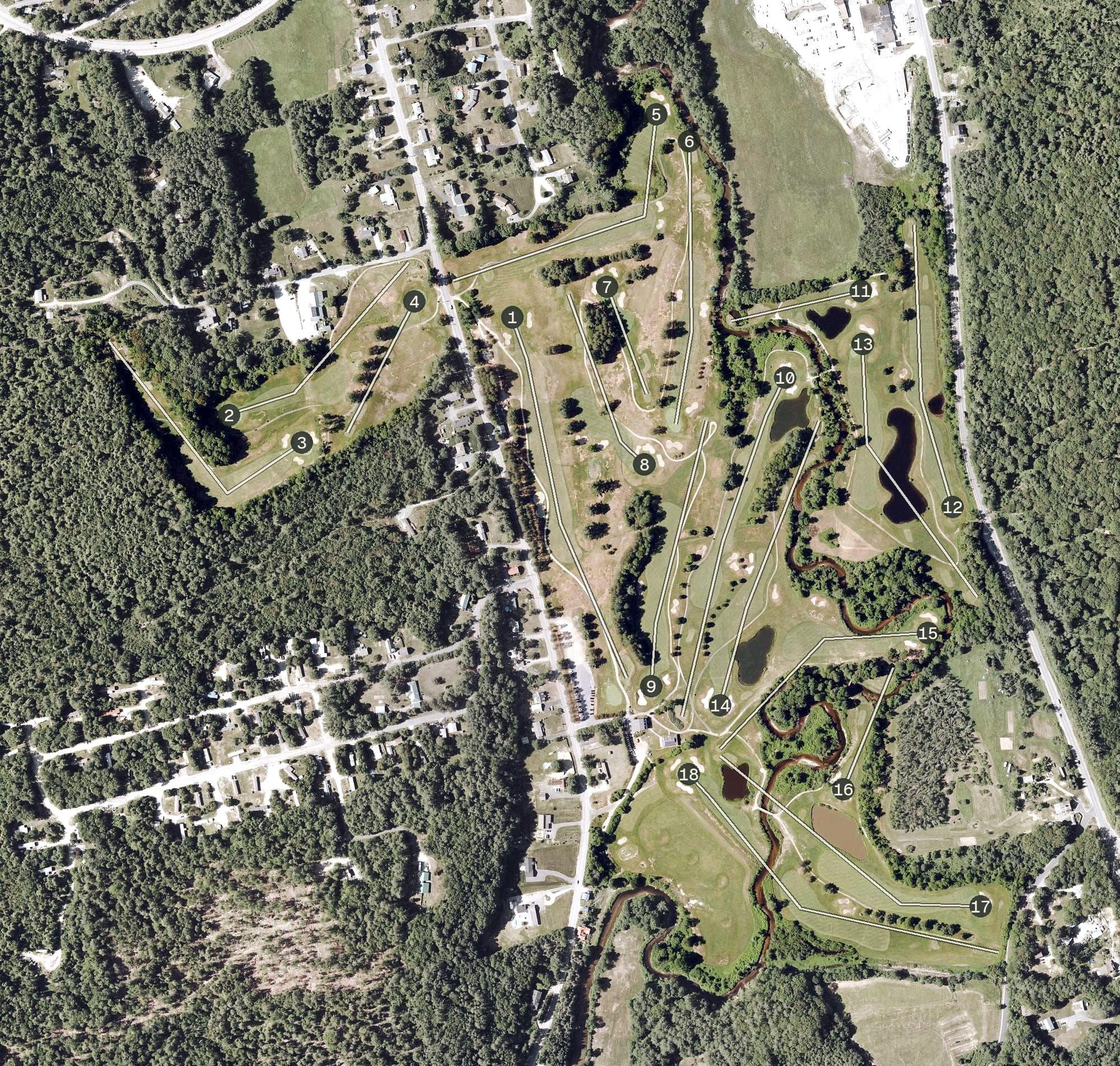 Aerial view of Newport Golf Club, NH, with its hole routing marked