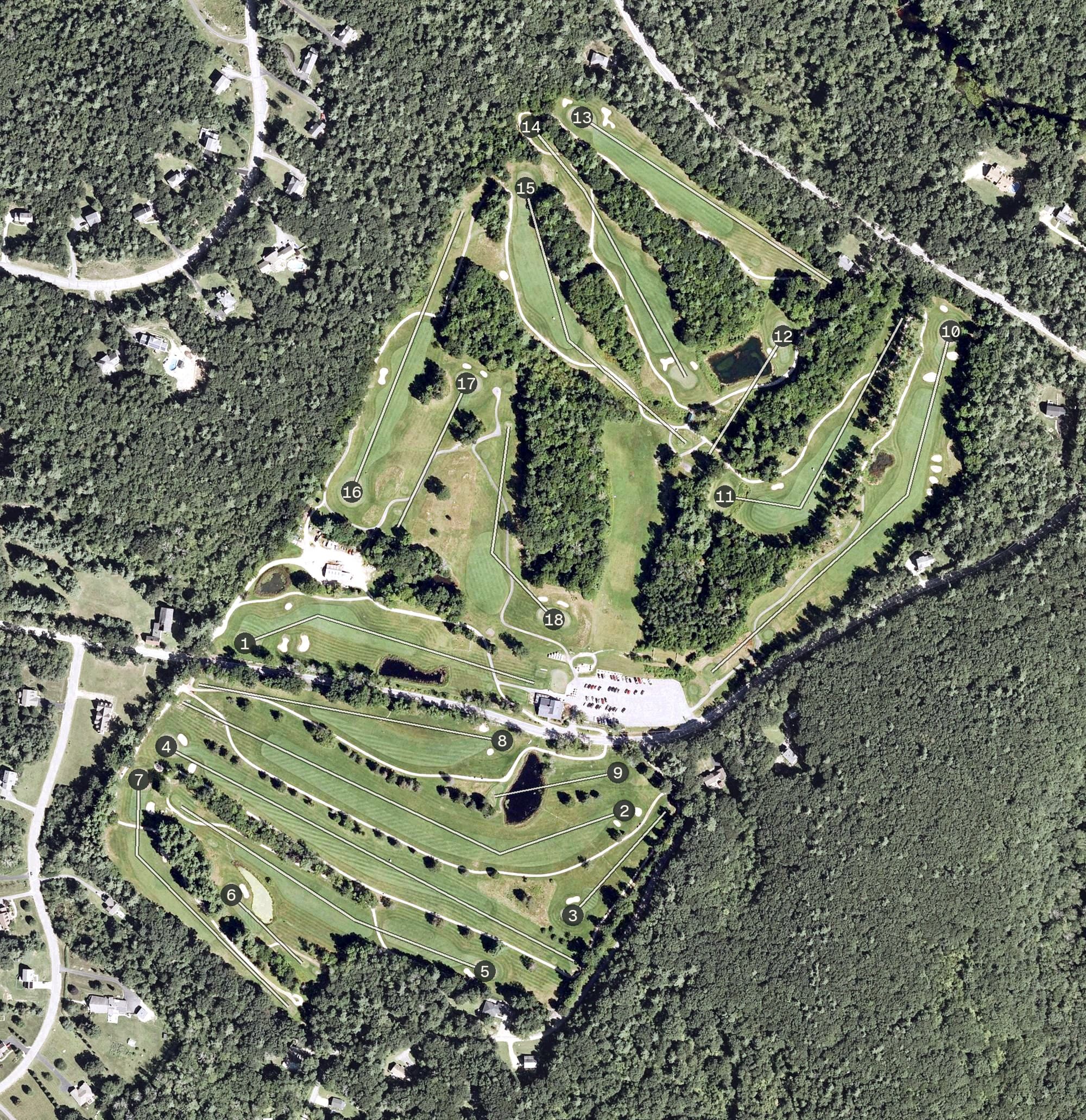 Aerial view of Nippo Lake Golf Course, NH, with its hole routing marked