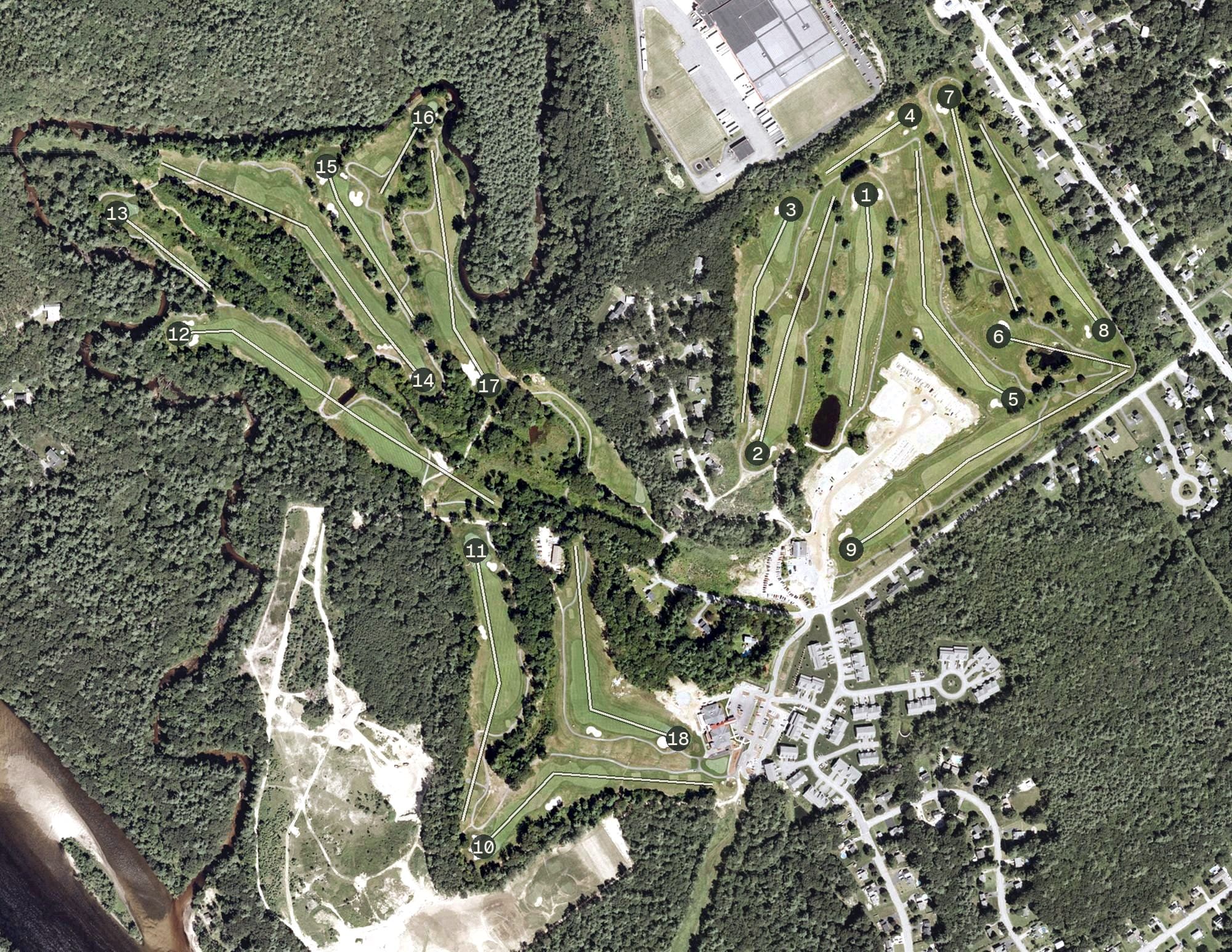 Aerial view of Pembroke Pines Country Club, NH, with its hole routing marked