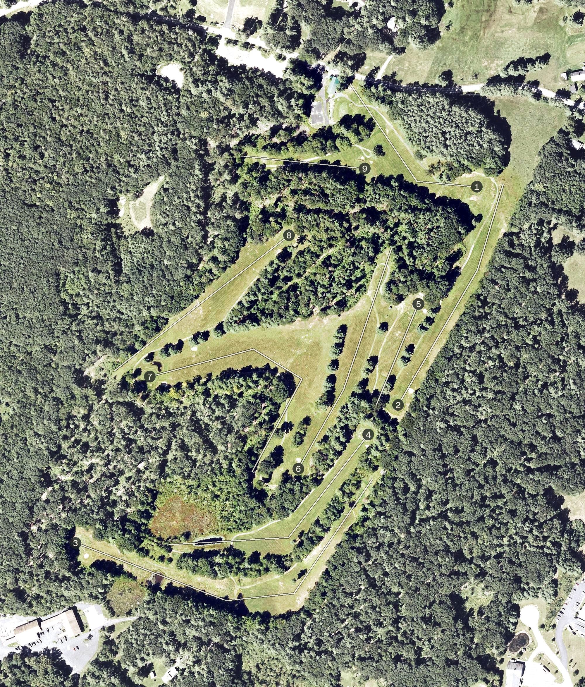 Aerial view of Pine Grove Springs Golf Course, NH, with its hole routing marked