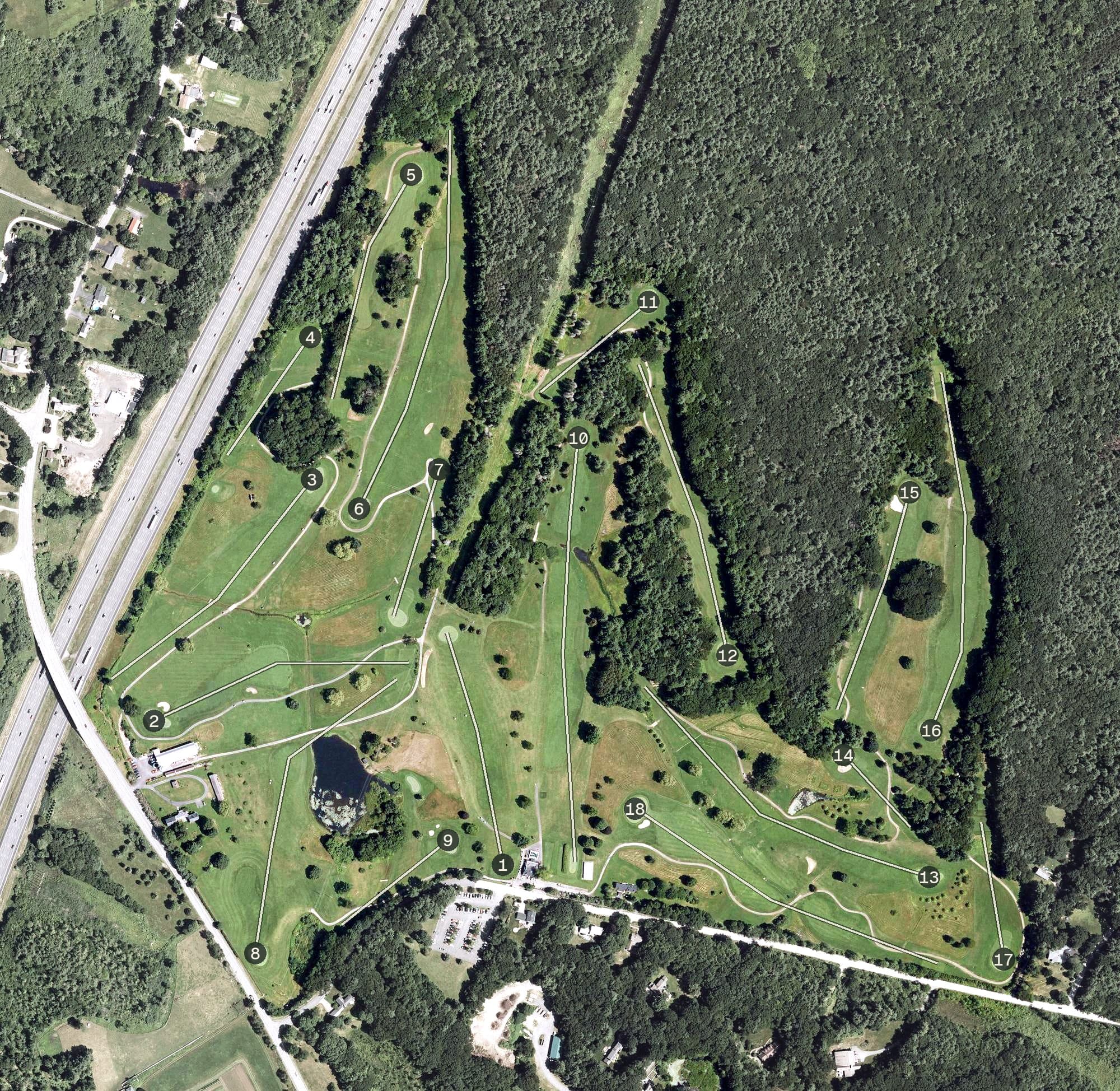 Aerial view of Sagamore-Hampton Golf Club, NH, with its hole routing marked