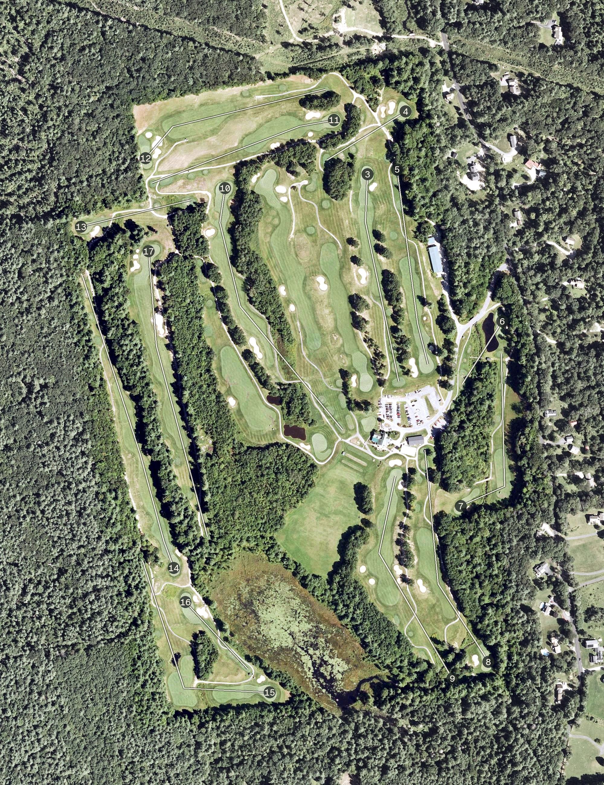 Aerial view of Stonebridge Country Club, NH, with its hole routing marked
