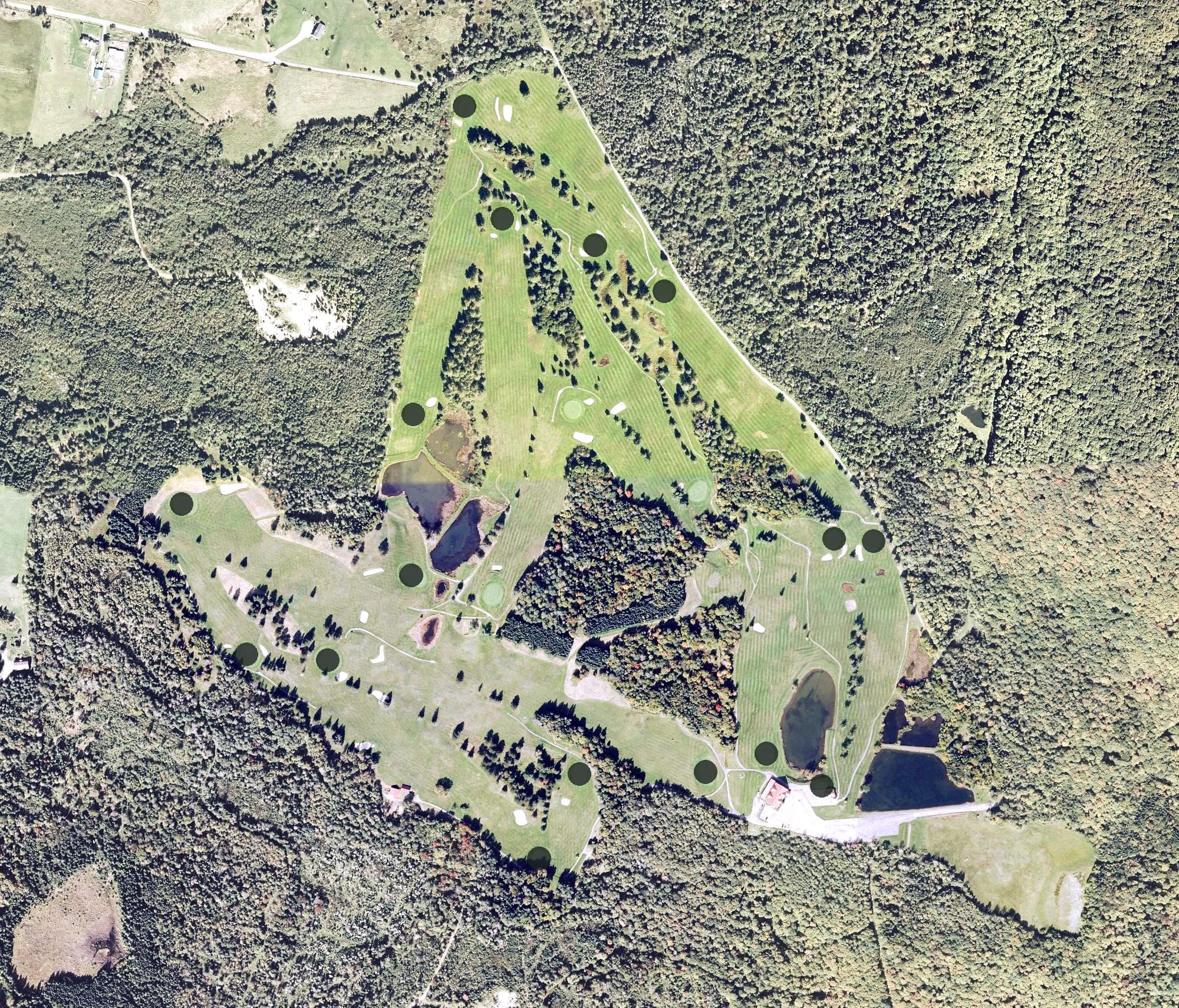 Aerial view of The Balsams Panorama Golf Course, NH, with its hole routing marked