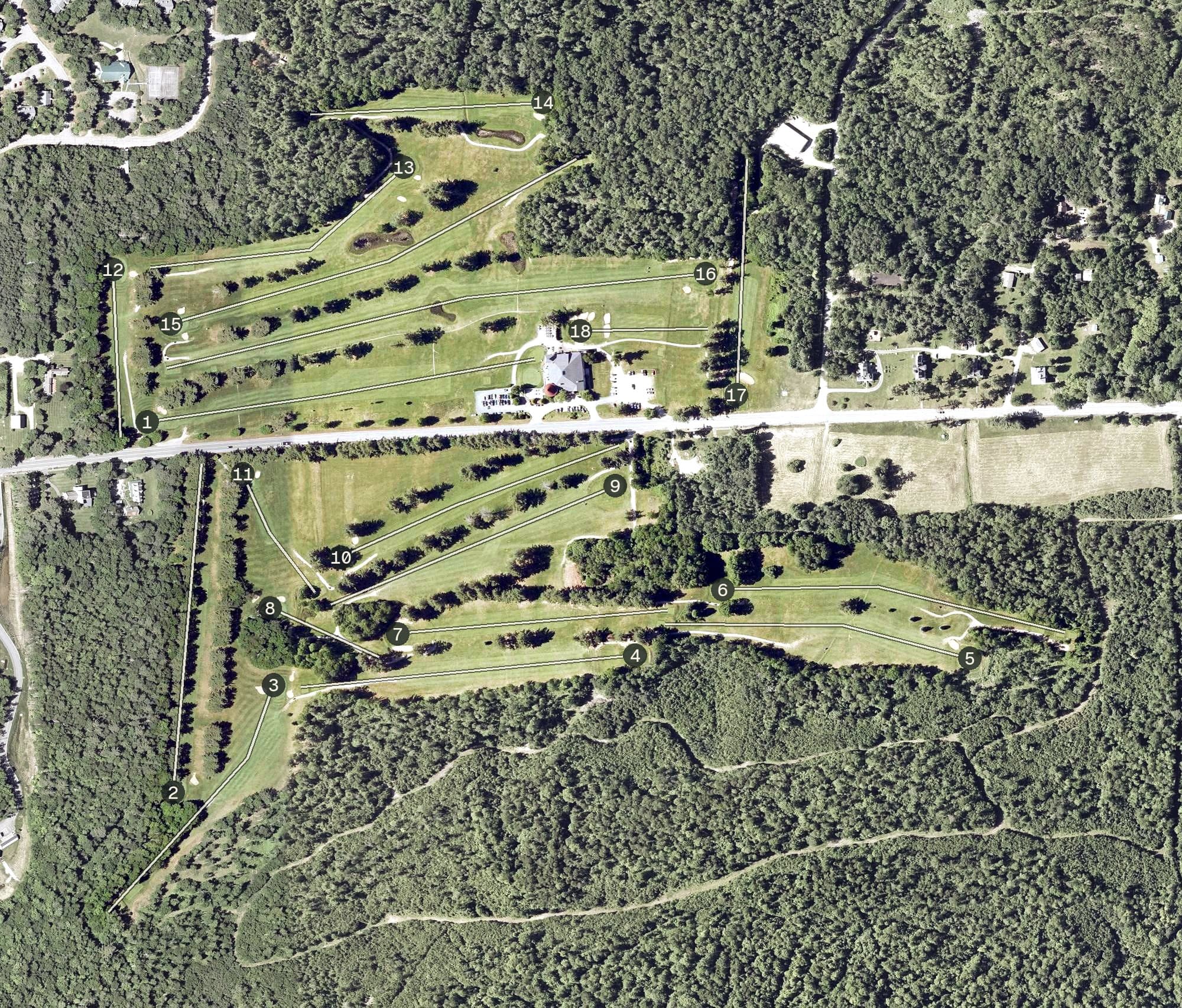 Aerial view of The Maplewood Golf Club, NH, with its hole routing marked
