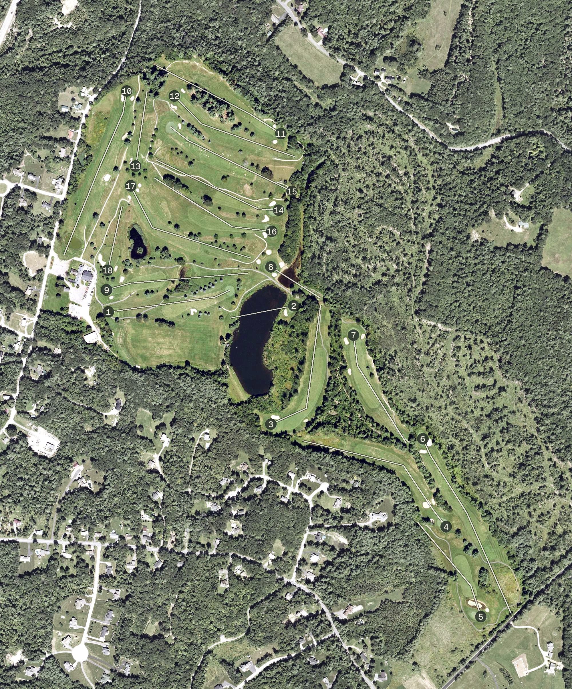 Aerial view of The Ridge Country Club, NH, with its hole routing marked