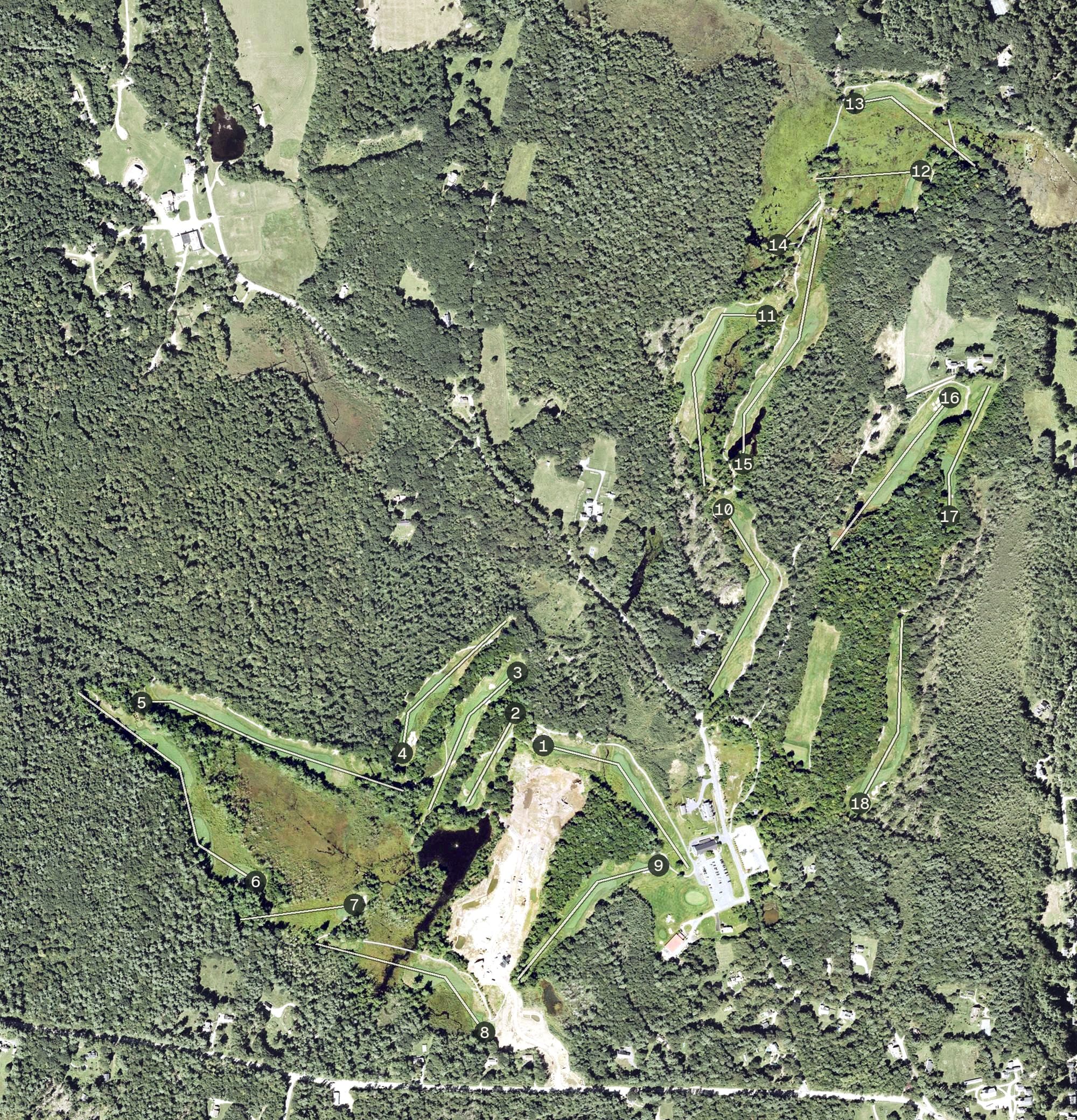 Aerial view of The Shattuck Golf Club, NH, with its hole routing marked