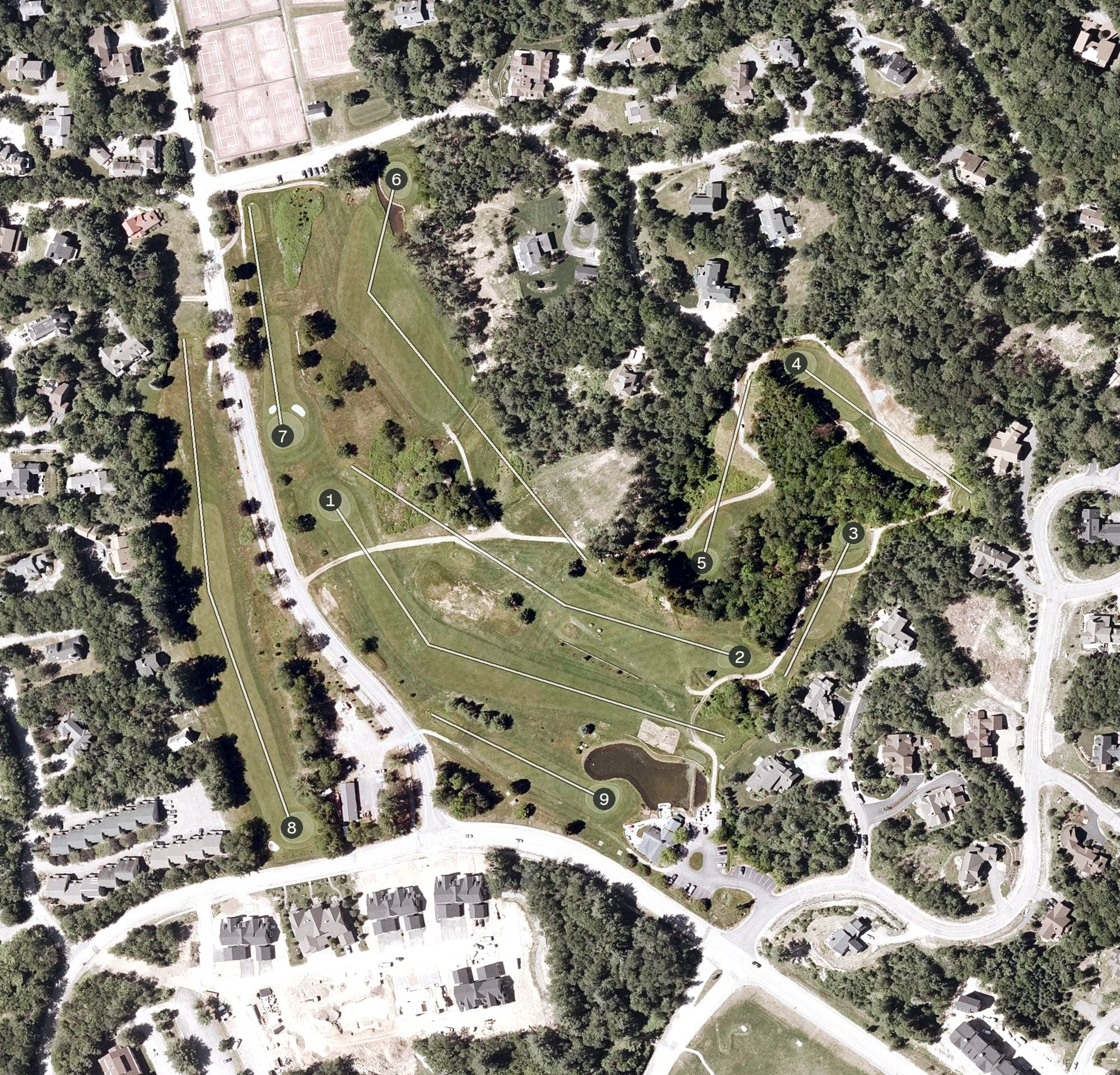 Aerial view of Waterville Valley Golf Course, NH, with its hole routing marked