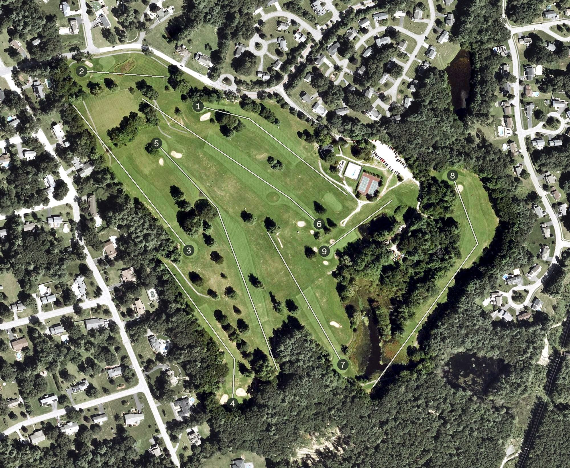 Aerial view of Whip Poor Will Golf Club, NH, with its hole routing marked