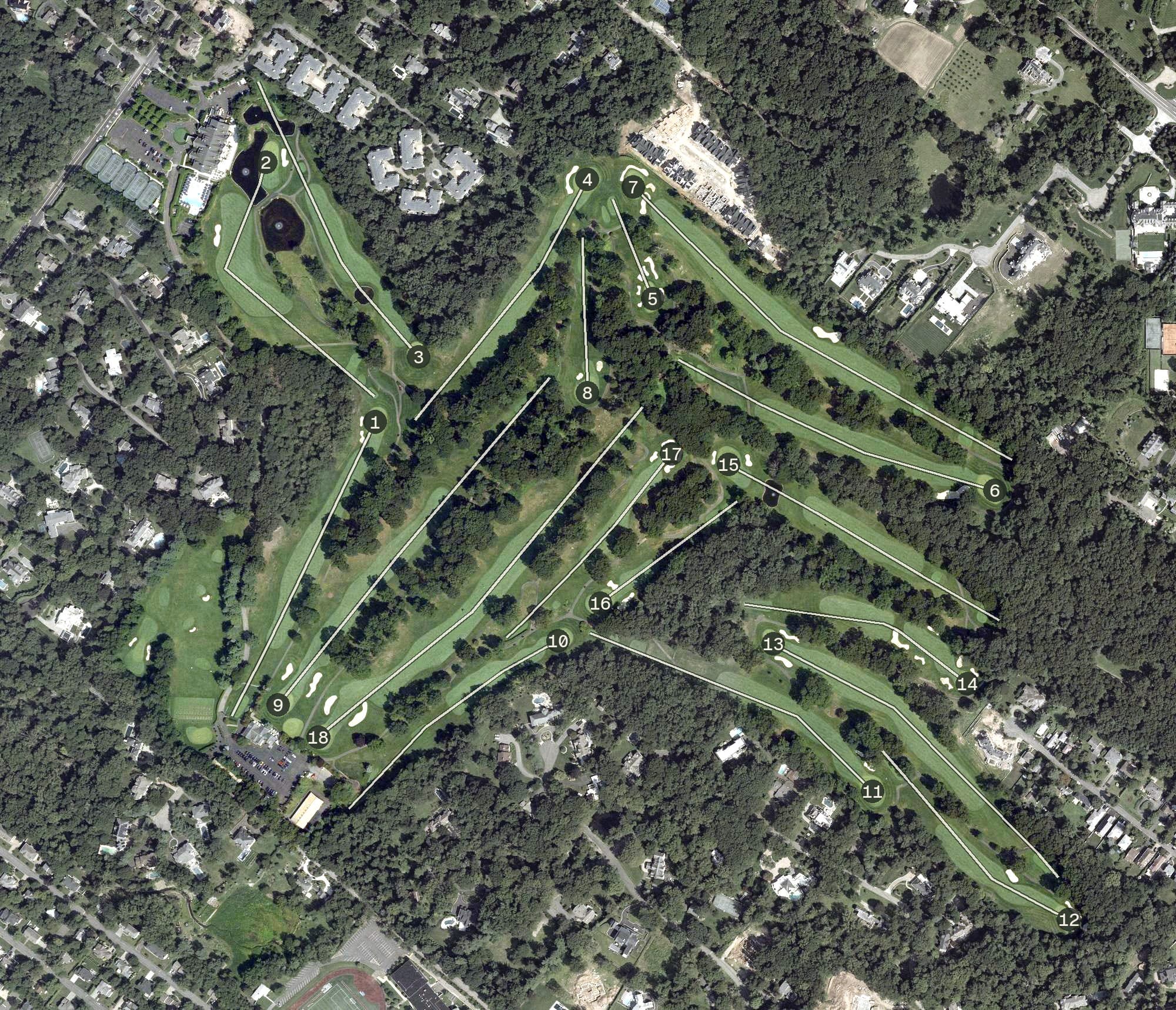 Aerial view of Alpine Country Club, NJ, with its hole routing marked