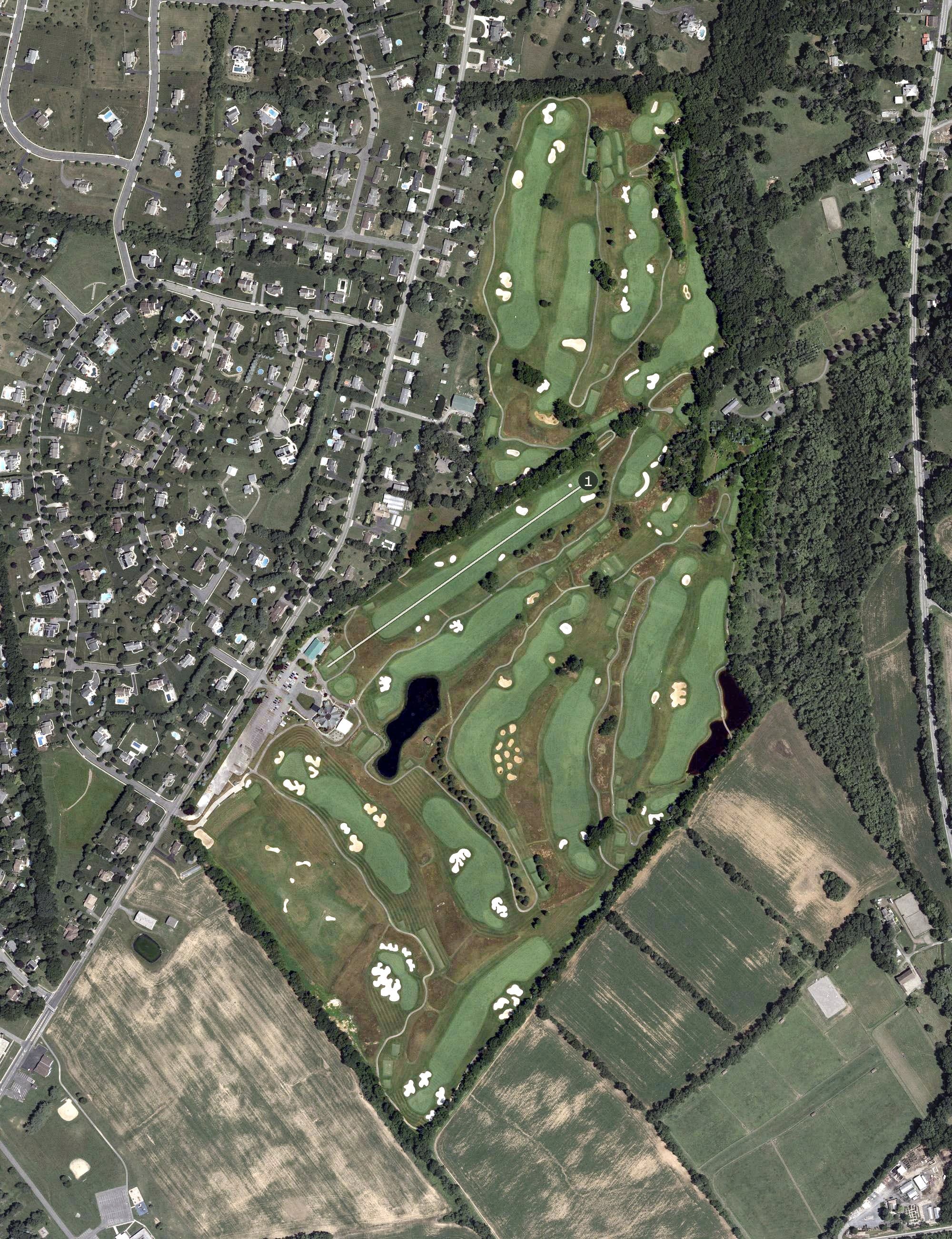 Aerial view of Architects Golf Club, NJ, with its hole routing marked