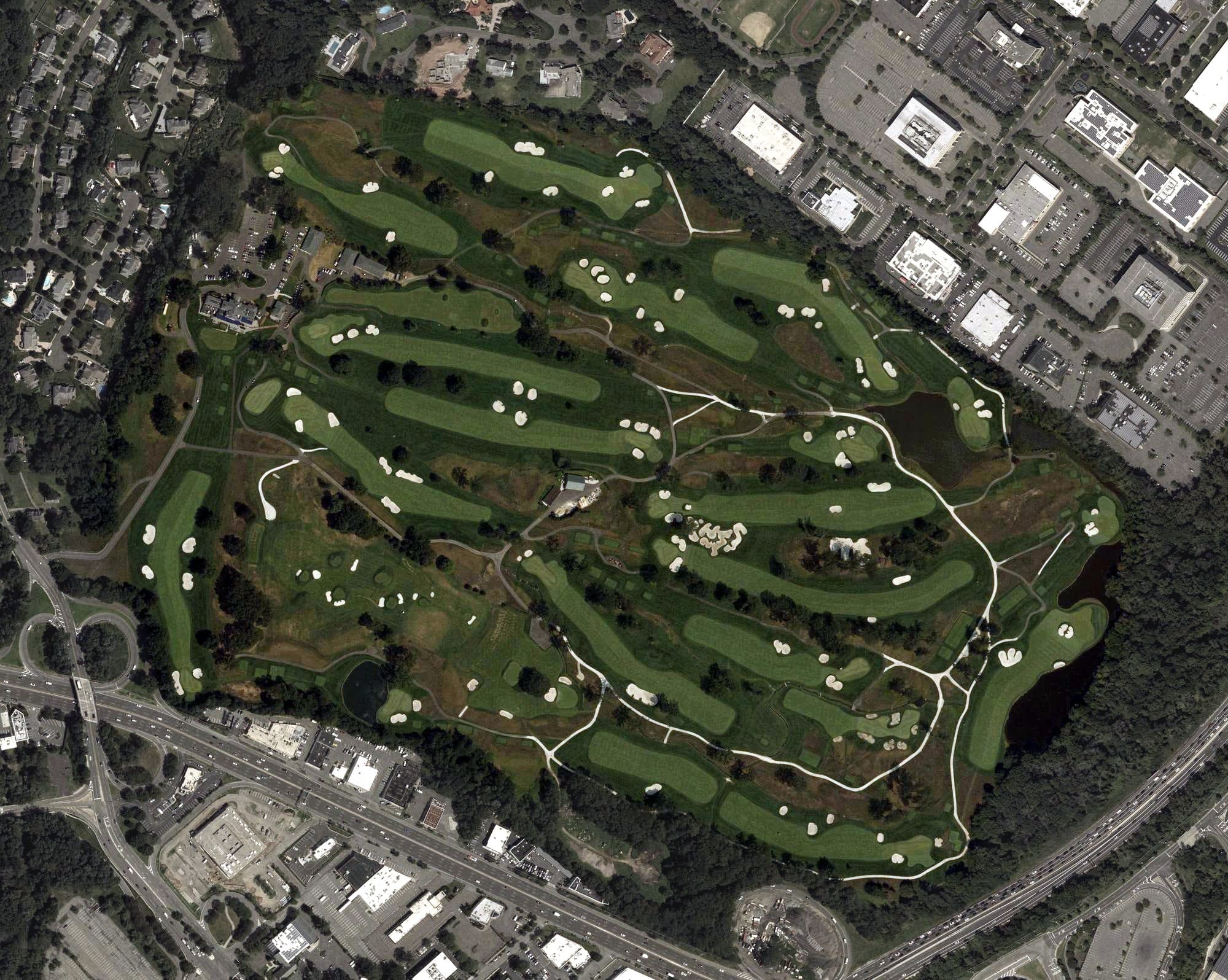 Aerial view of Arcola Country Club, NJ, with its hole routing marked
