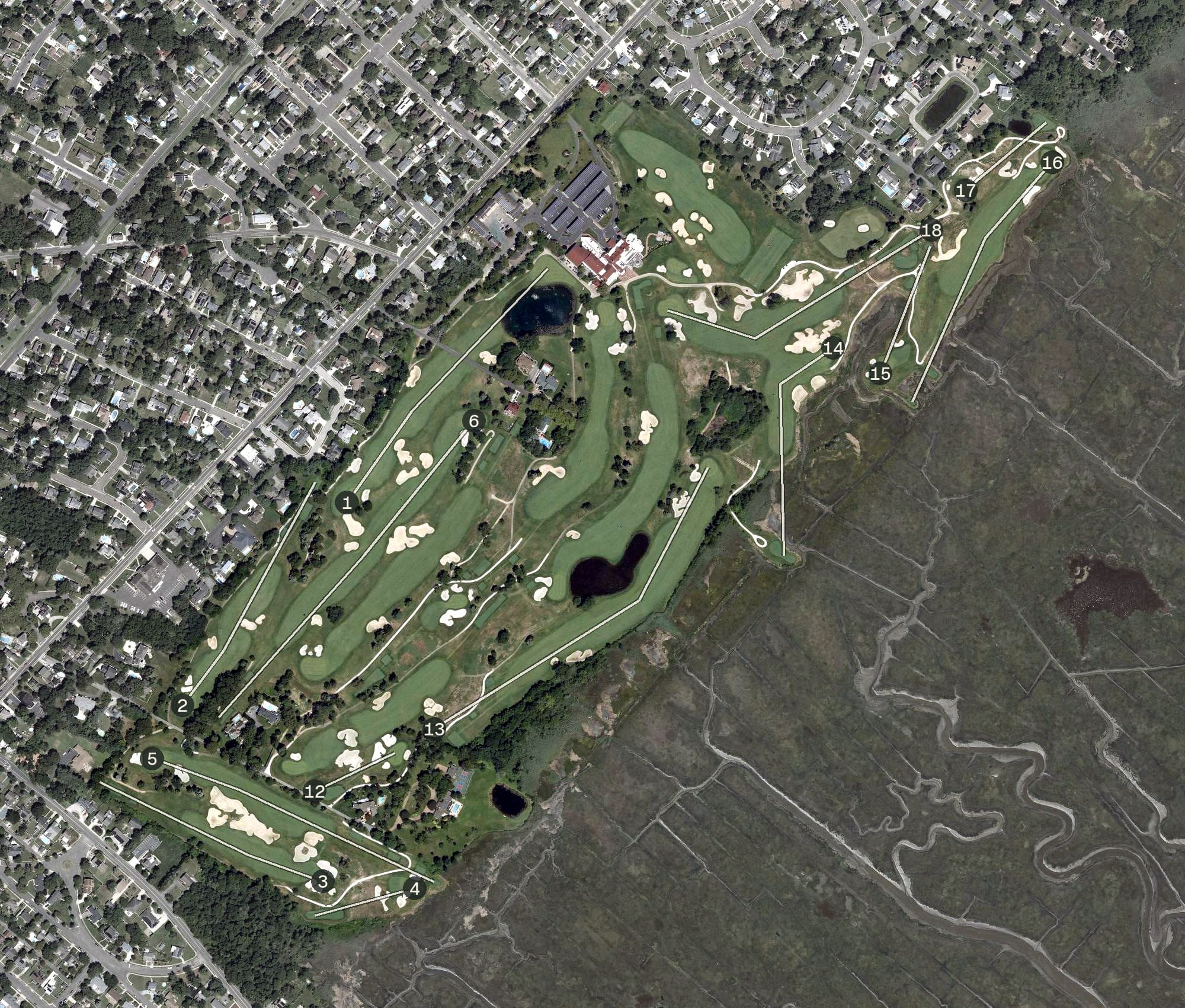 Aerial view of Atlantic City Golf Club, NJ, with its hole routing marked