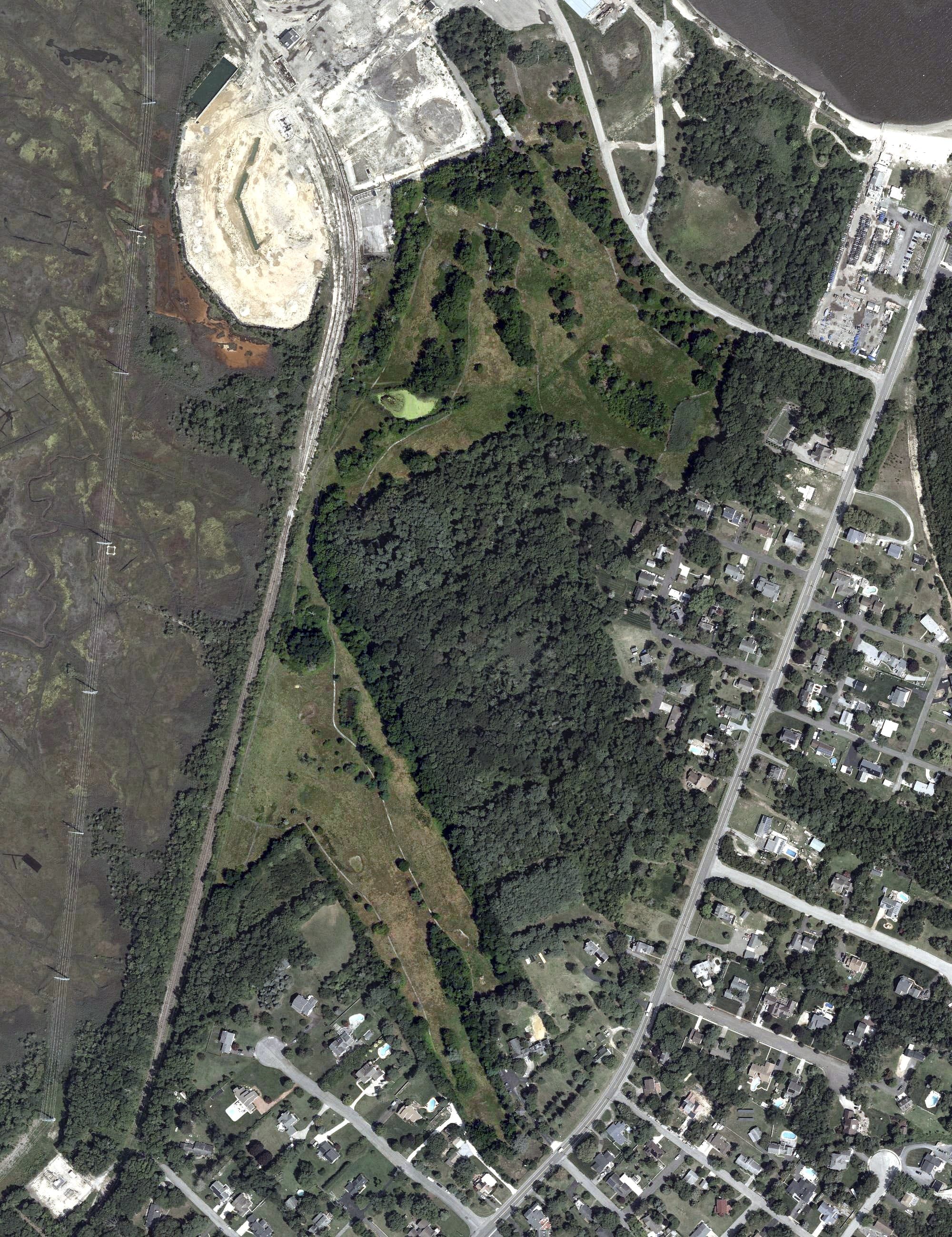 Aerial view of B L England Golf Course, NJ, with its hole routing marked