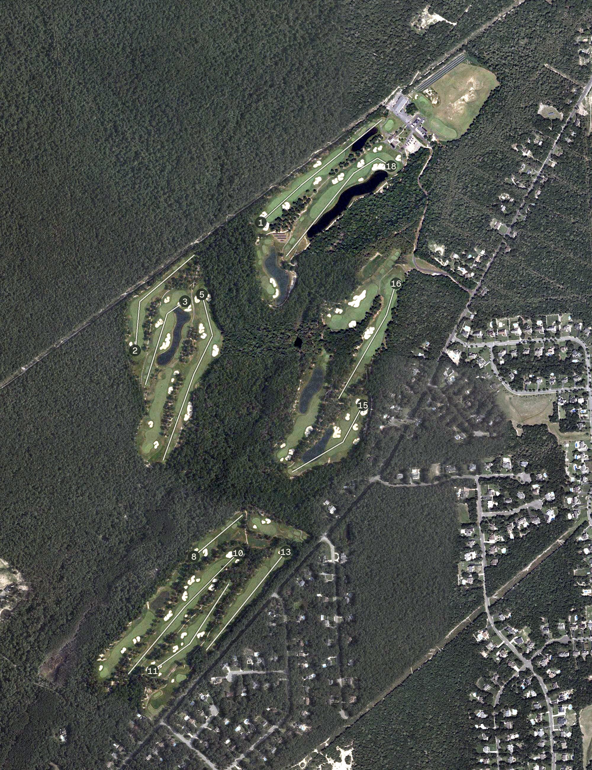 Aerial view of Ballamor Golf Club, NJ, with its hole routing marked