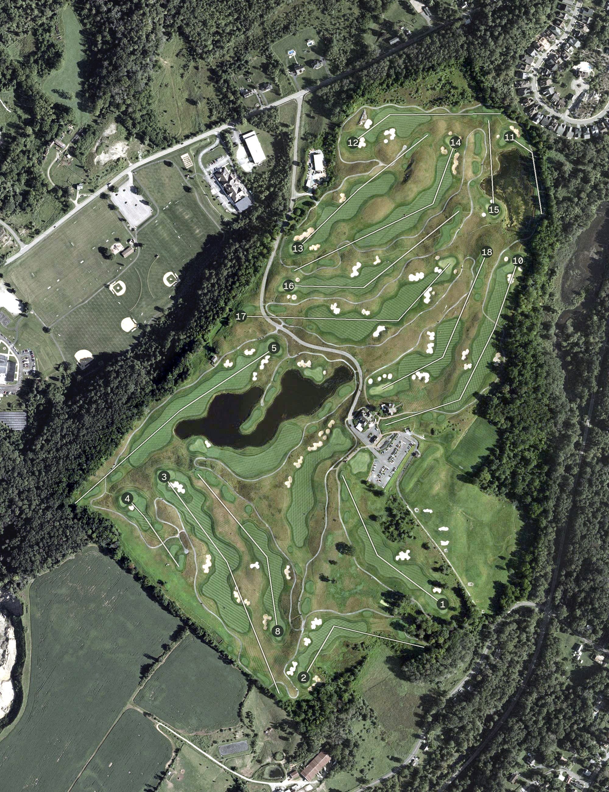 Aerial view of Ballyowens Golf Club, NJ, with its hole routing marked