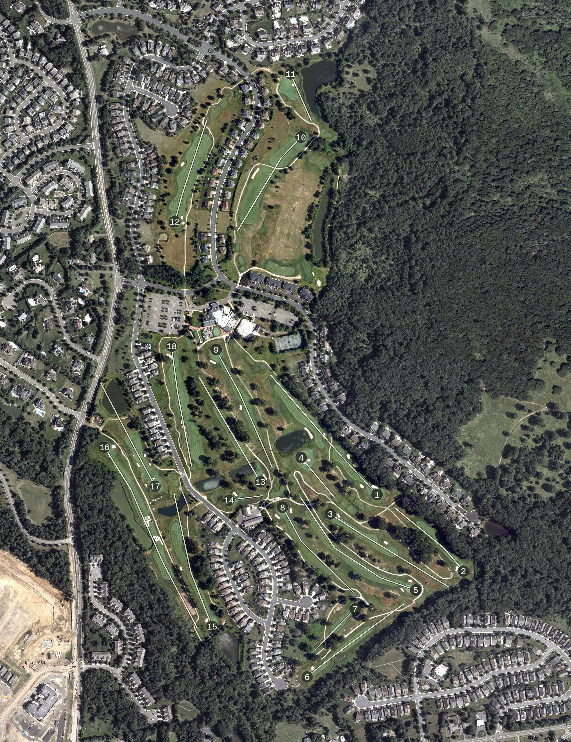 Aerial view of Battleground Country Club, NJ, with its hole routing marked