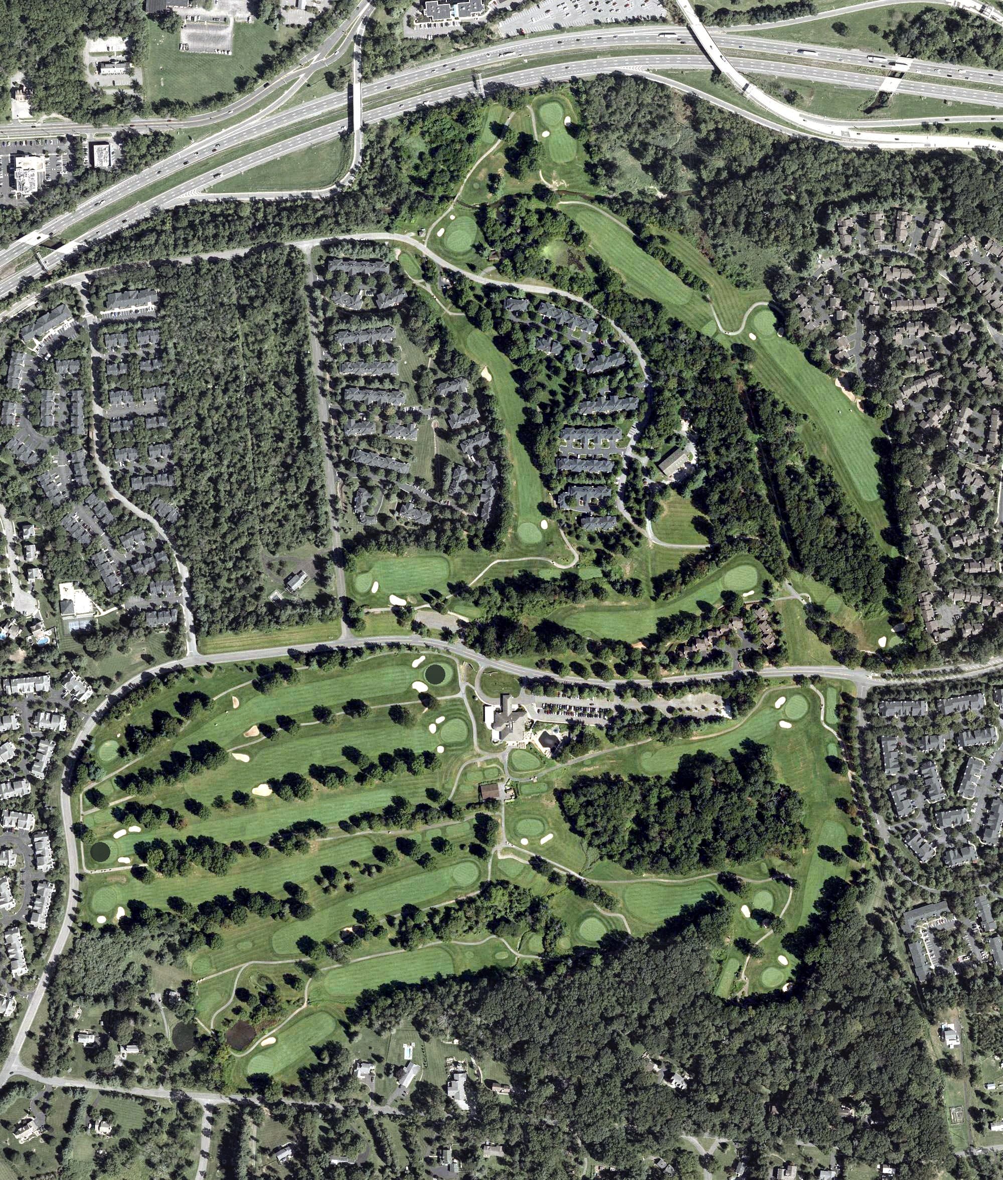 Aerial view of Beaver Brook Country Club, NJ, with its hole routing marked