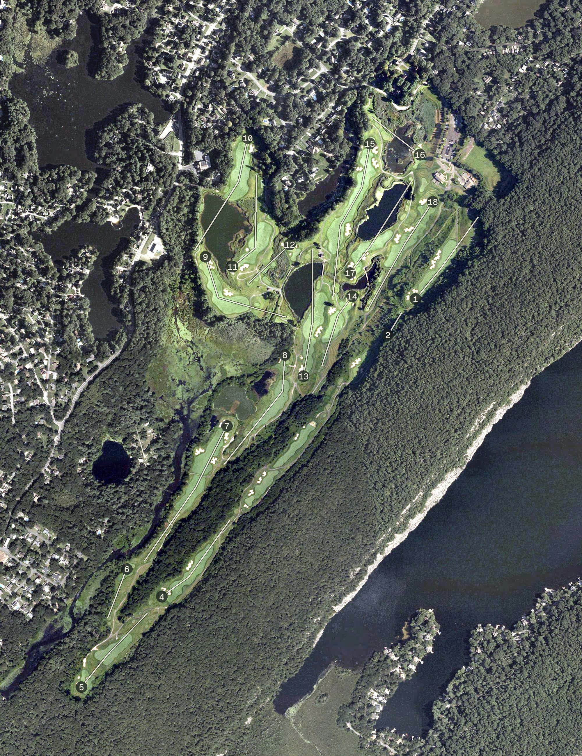 Aerial view of Berkshire Valley Golf Course, NJ, with its hole routing marked