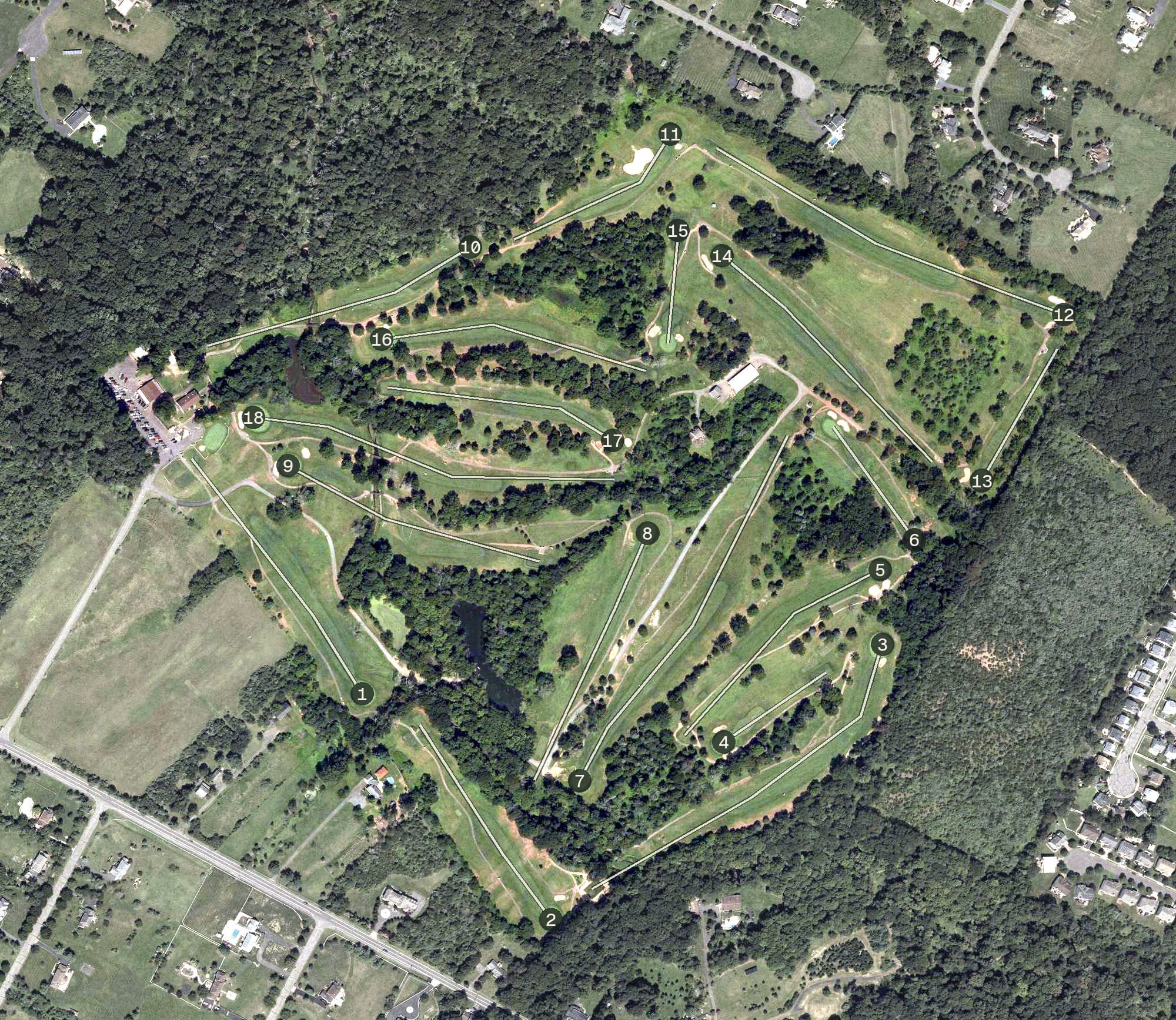 Aerial view of Bunker Hill Golf Course, NJ, with its hole routing marked