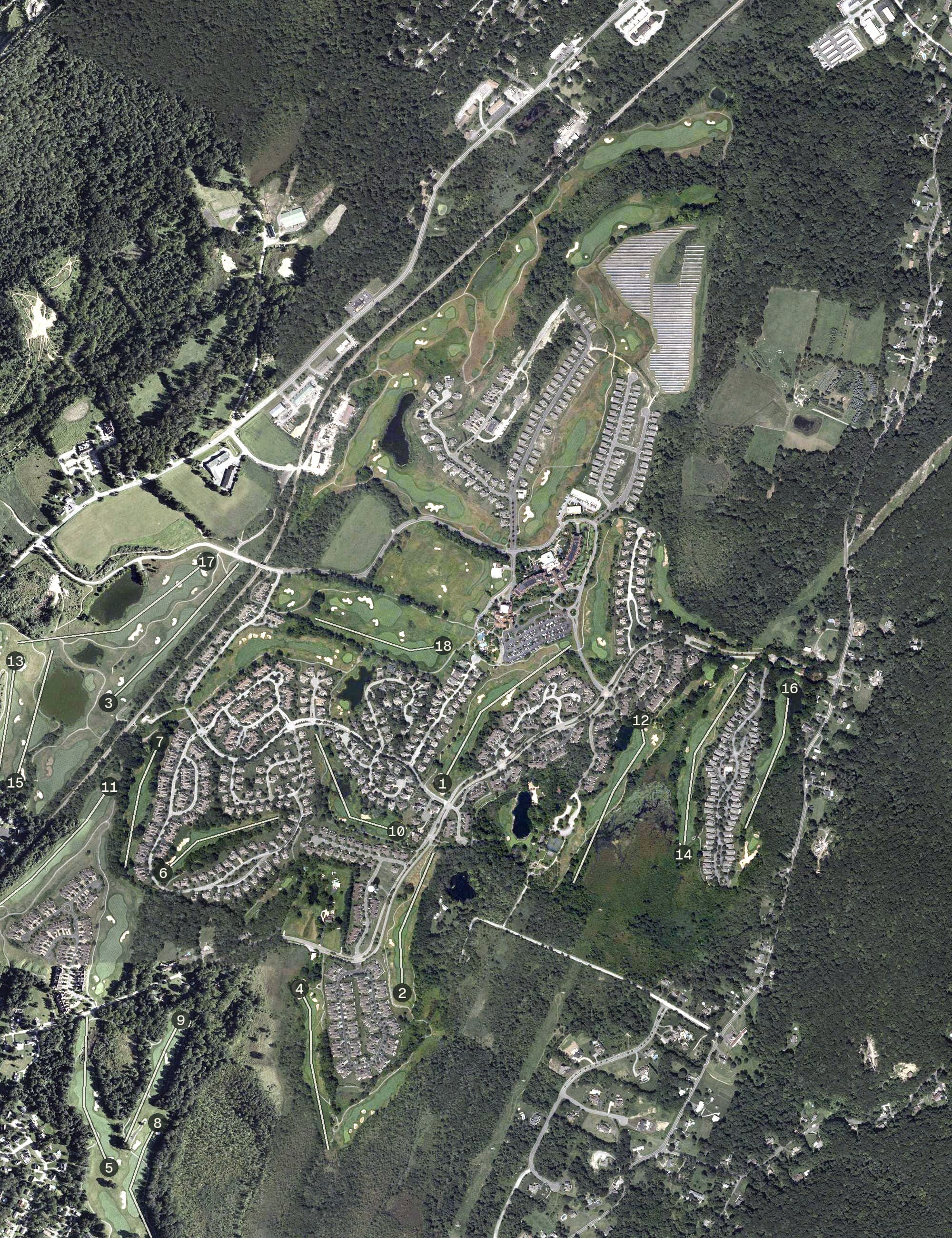 Aerial view of Cascades Golf Club, NJ, with its hole routing marked