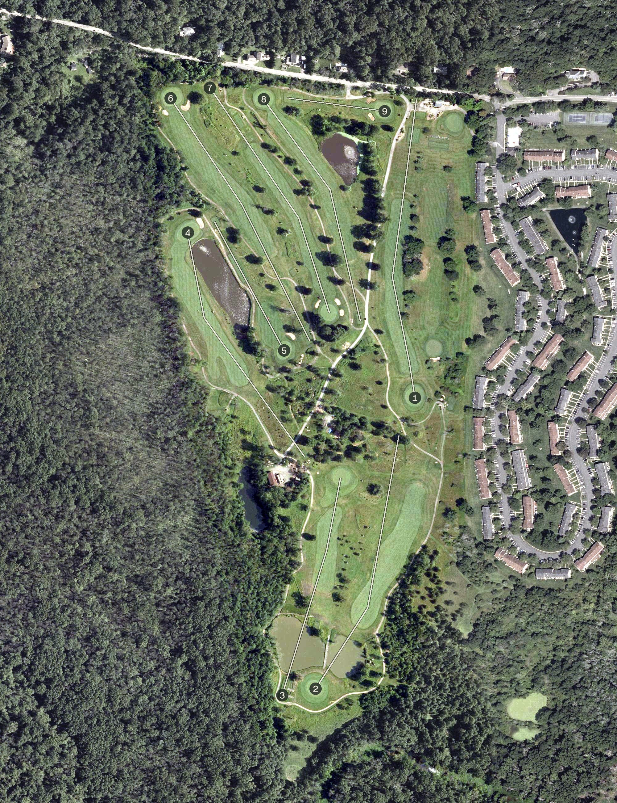 Aerial view of Deer Run Golf Club, NJ, with its hole routing marked
