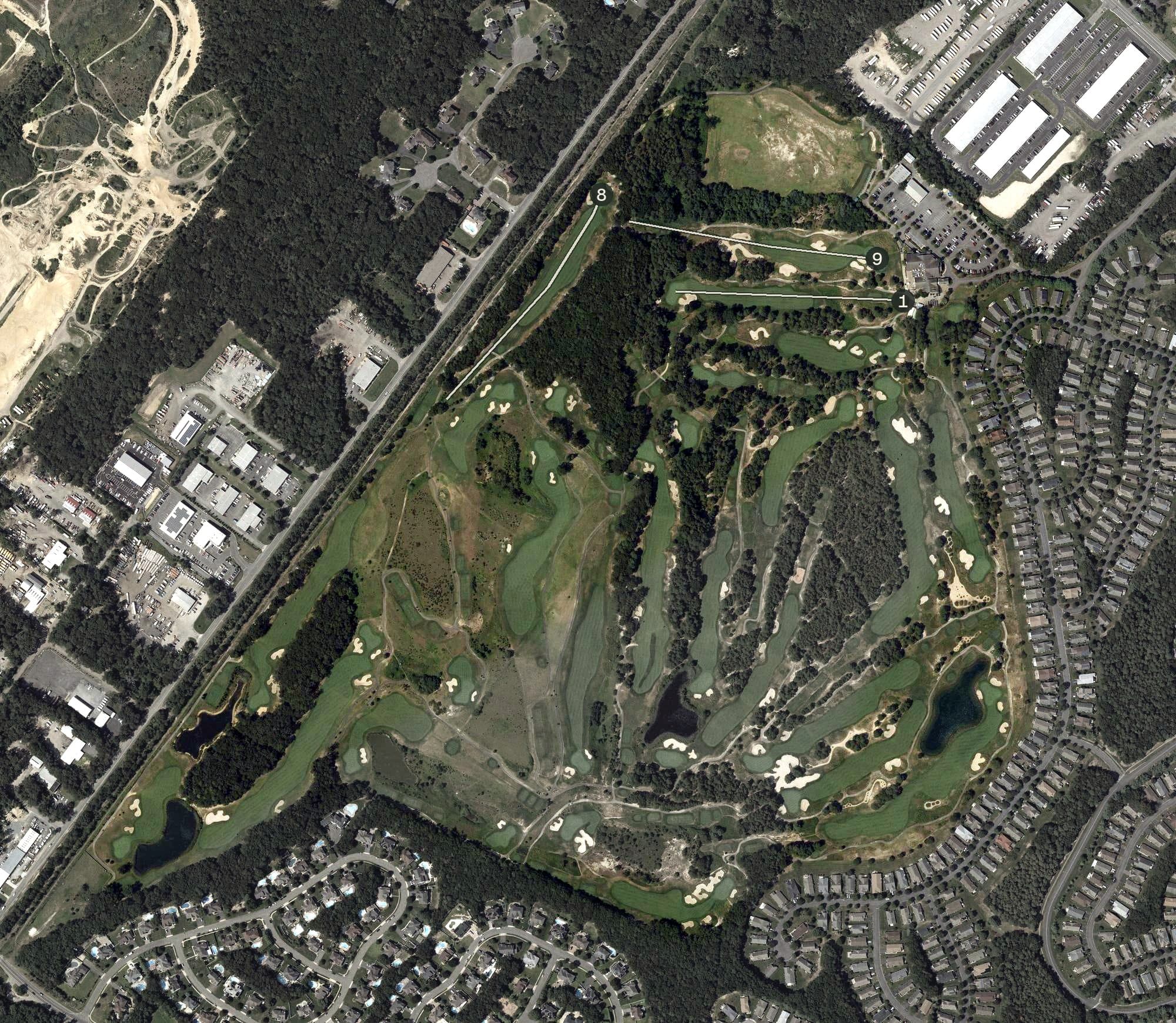 Aerial view of Eagle Ridge Golf Club, NJ, with its hole routing marked