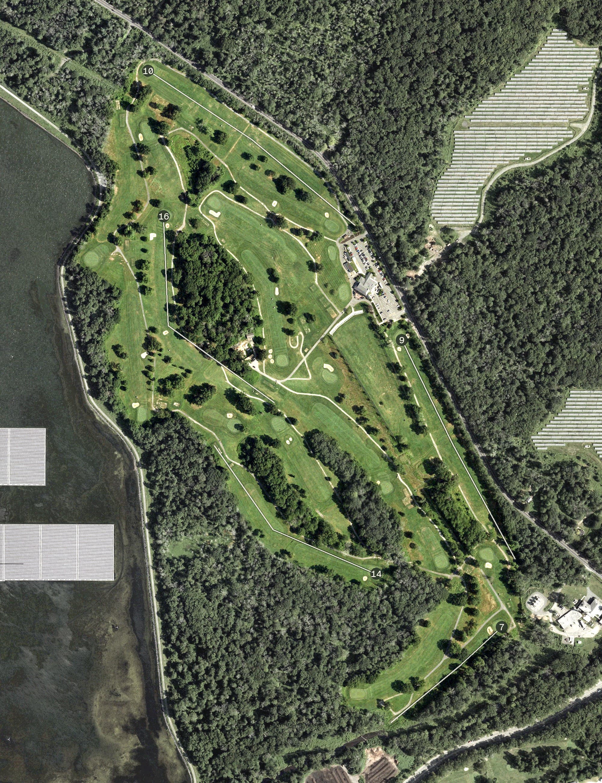 Aerial view of East Orange Golf Course, NJ, with its hole routing marked