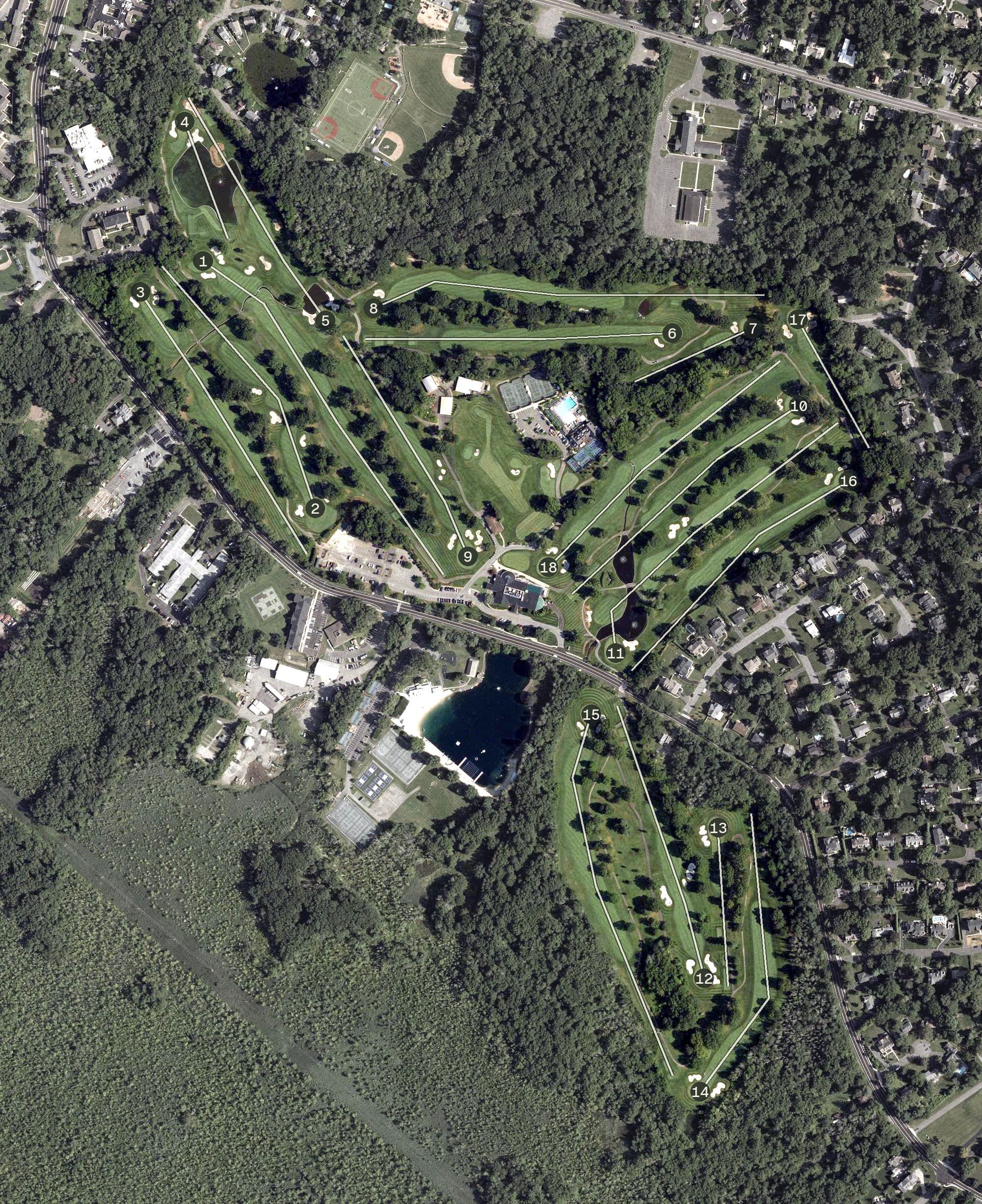 Aerial view of Fairmount Country Club, NJ, with its hole routing marked