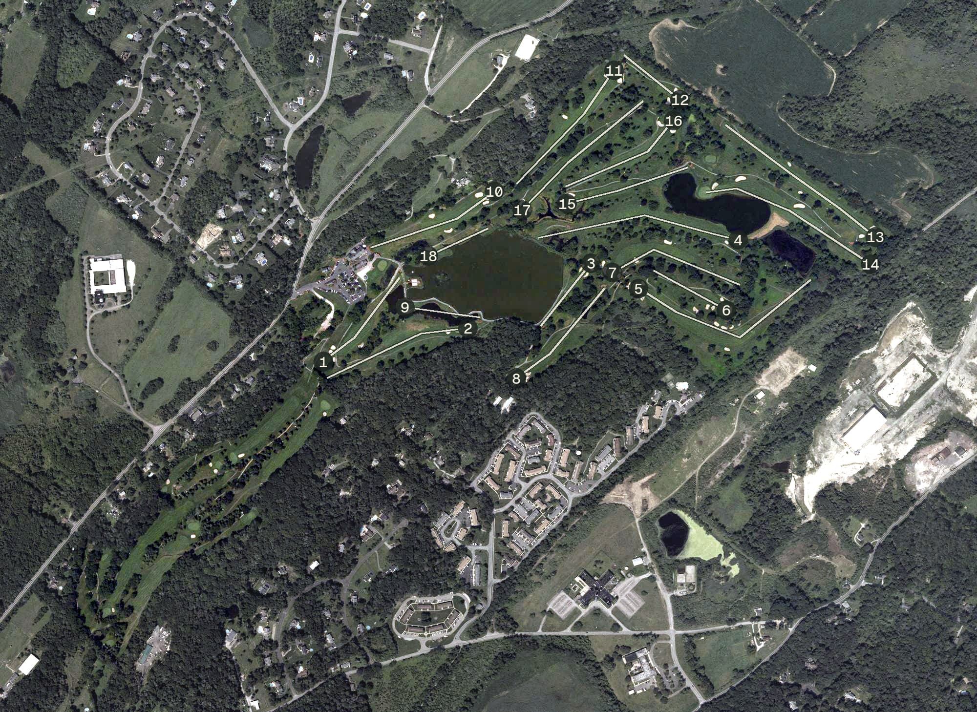 Aerial view of Farmstead Golf and Country club, NJ, with its hole routing marked